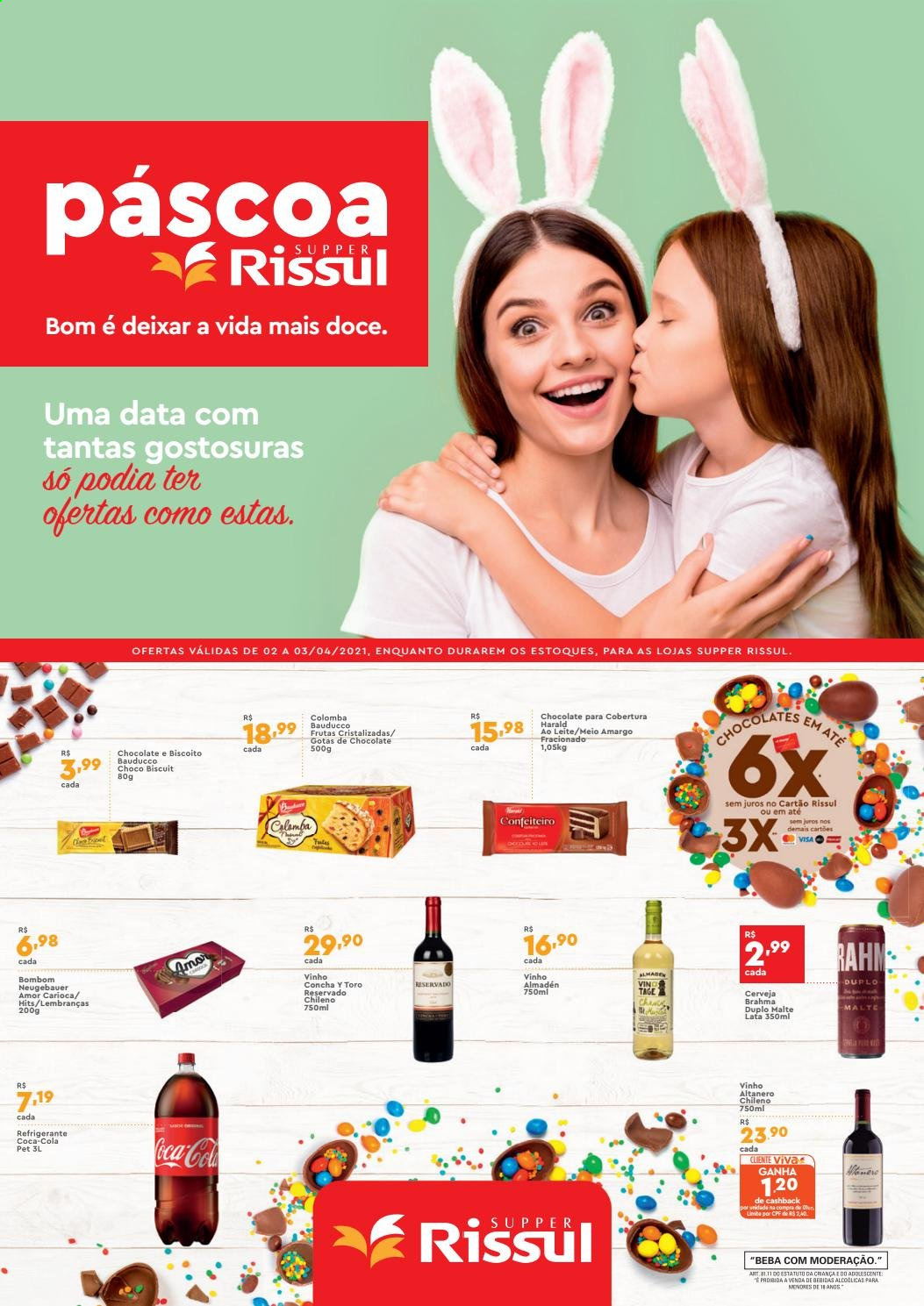 thumbnail - Folheto Supper Rissul - 02/04/2021 - 03/04/2021 - Produtos em promoção - Brahma, chocolate, biscoito, bombom, Neugebauer, Coca Cola, vinho. Página 1.