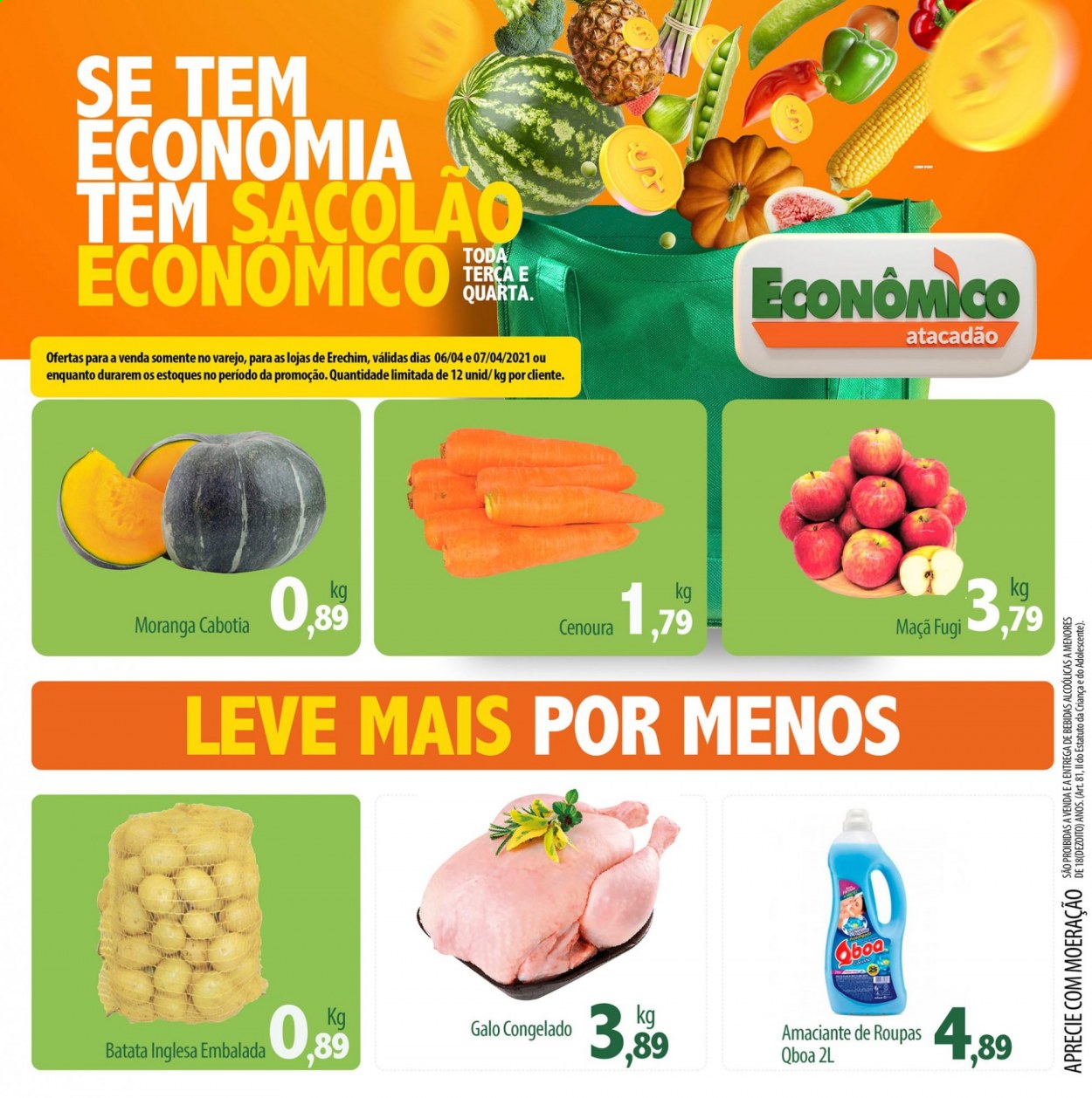 thumbnail - Folheto Econômico Atacadão - 06/04/2021 - 07/04/2021 - Produtos em promoção - maçã, batata, cenoura, cabotiá, amaciante. Página 1.