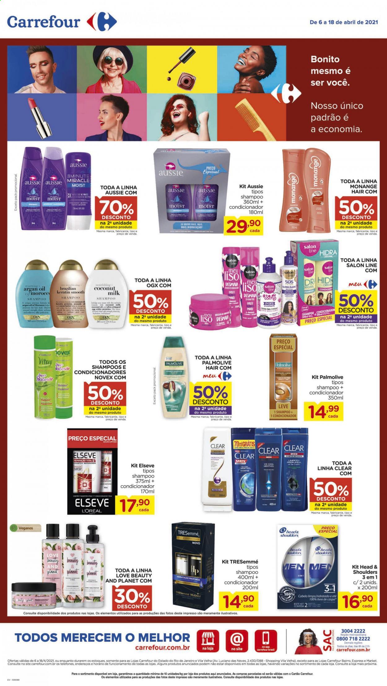 thumbnail - Folheto Carrefour Hiper - 06/04/2021 - 18/04/2021 - Produtos em promoção - shampoo, Head & Shoulders, Palmolive, L’Oréal, condicionador, Elseve, Salon Line, máscara, umidificador. Página 2.