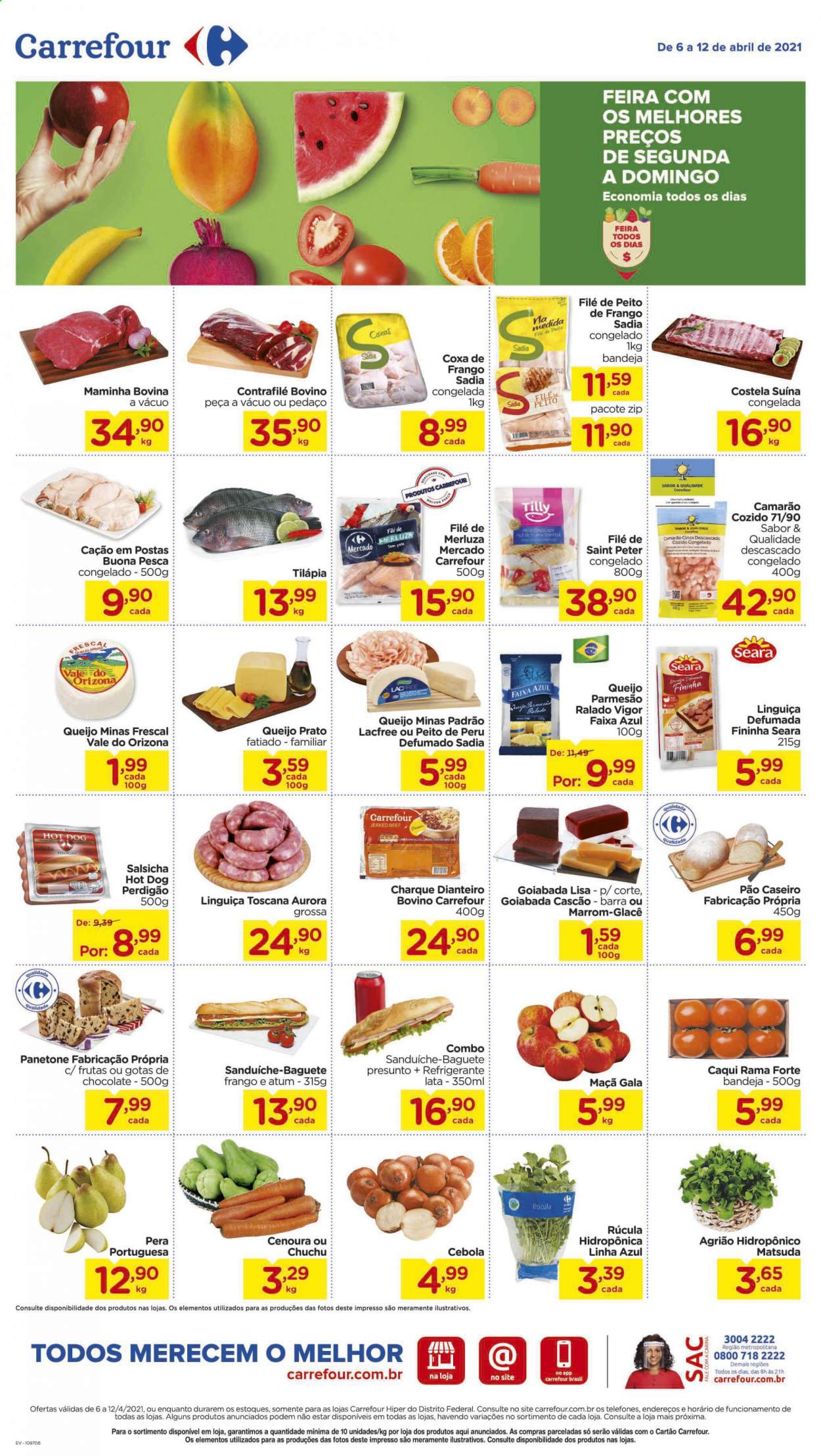thumbnail - Folheto Carrefour Hiper - 06/04/2021 - 12/04/2021 - Produtos em promoção - maçã, pera, chuchu, cebola, cenoura, rúcula, costela, costela suína, sanduiche, pão, baguete, goiabada, peito de frango, peito de peru, perú, Perdigão, alcatra, camarão, merluza, atum, tilapia, hot dog, presunto, jerked beef, linguiça, salsicha, linguiça toscana, queijo, queijo minas, queijo prato, parmesão, Aurora, refrigerante, bandeja, prato, Vigor. Página 1.