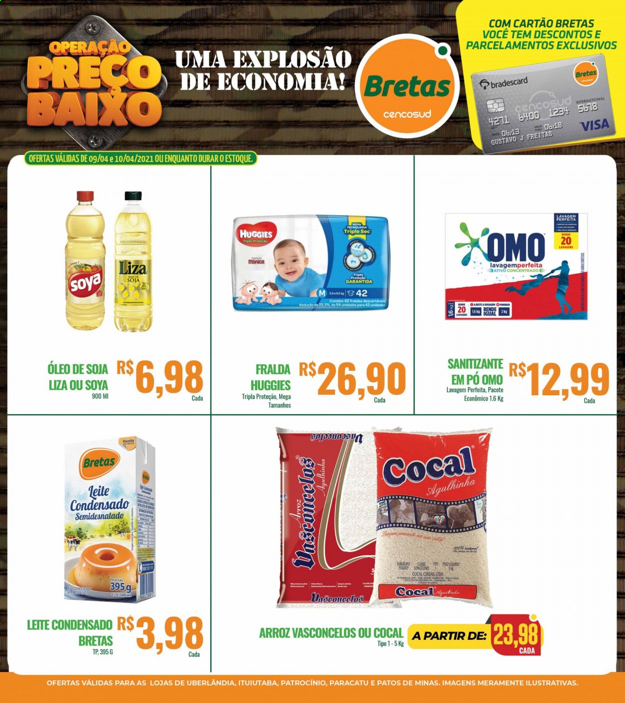 thumbnail - Folheto Bretas - 09/04/2021 - 10/04/2021 - Produtos em promoção - leite condensado, cereais, arroz, soja, óleo de soja, Huggies, fraldas, OMO. Página 1.