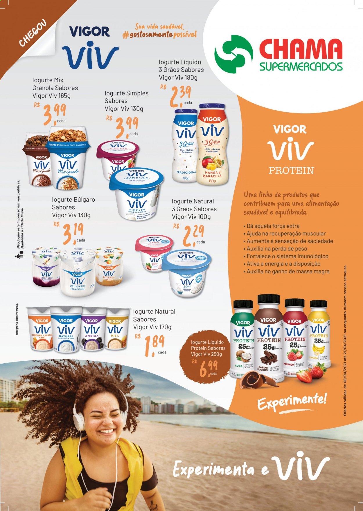 thumbnail - Folheto Chama Supermercados - 08/04/2021 - 21/04/2021 - Produtos em promoção - ameixa, damasco, cenoura, leite, fermento, flocos, granola, quinoa, Vigor. Página 1.
