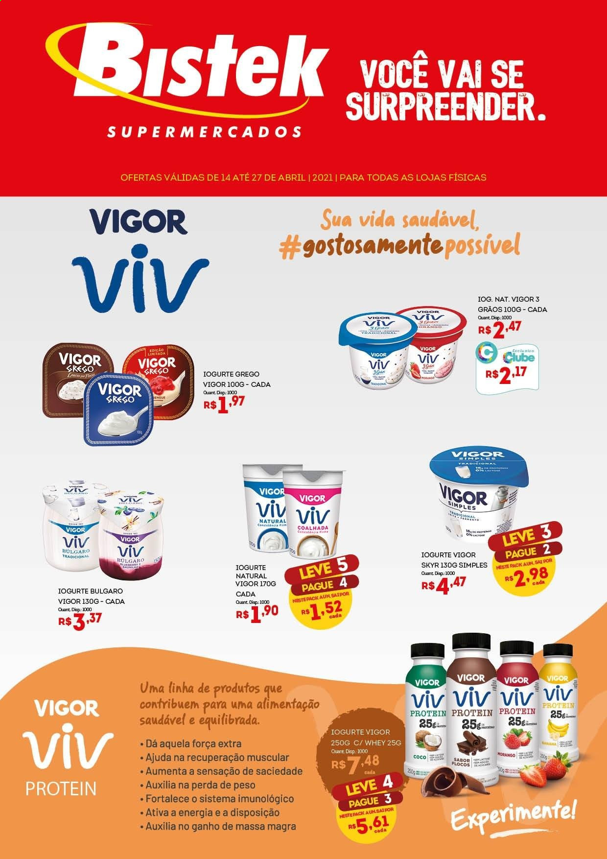 thumbnail - Folheto Bistek Supermercados - 14/04/2021 - 27/04/2021 - Produtos em promoção - iogurte, iogurte grego, flocos, coco, rack, Vigor. Página 1.