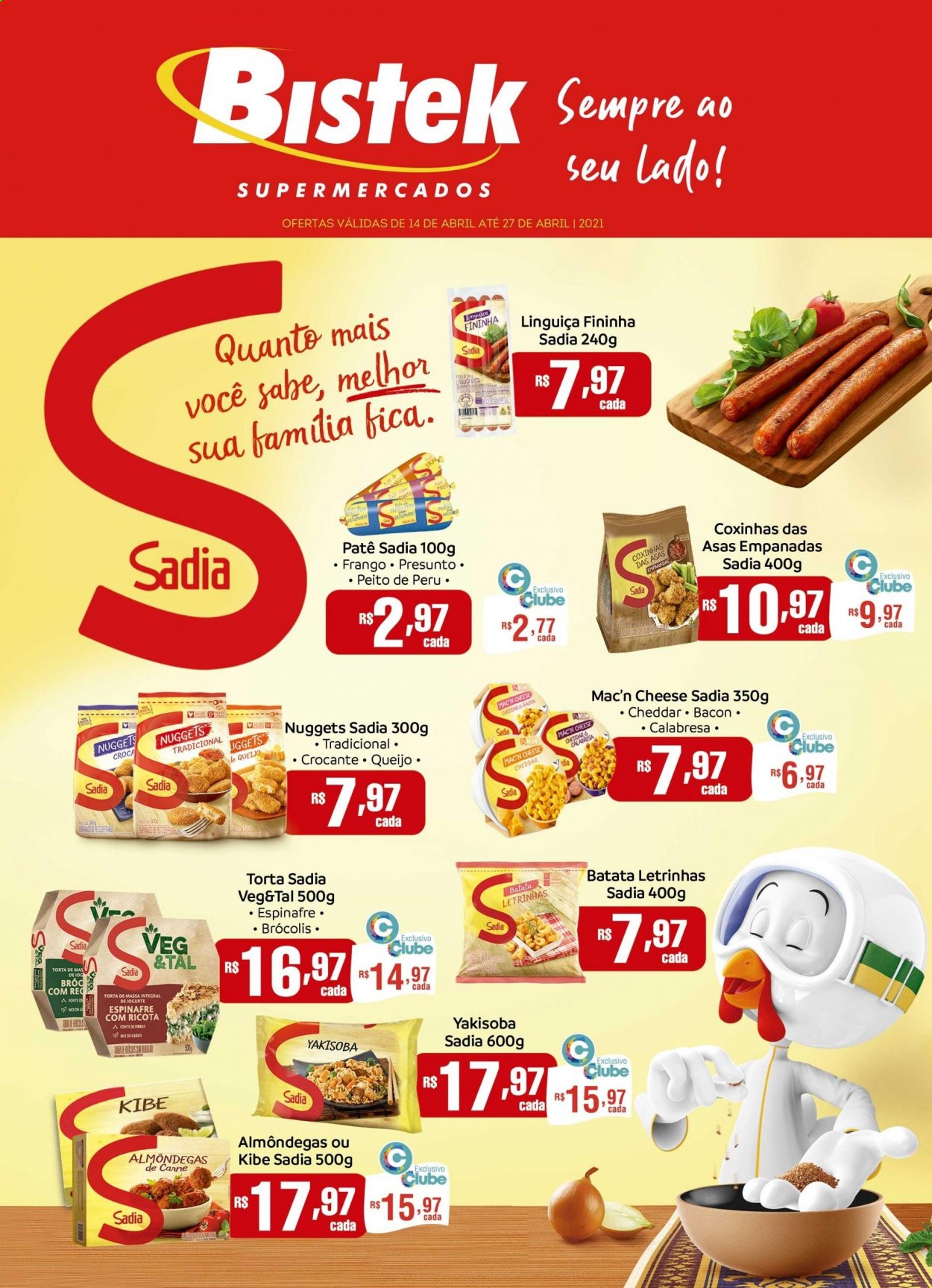 thumbnail - Folheto Bistek Supermercados - 14/04/2021 - 27/04/2021 - Produtos em promoção - batata, espinafre, brócoli, peito de peru, kibe, almôndegas, nuggets, bacon, linguiça, paté, queijo, cheddar, ricotta. Página 1.