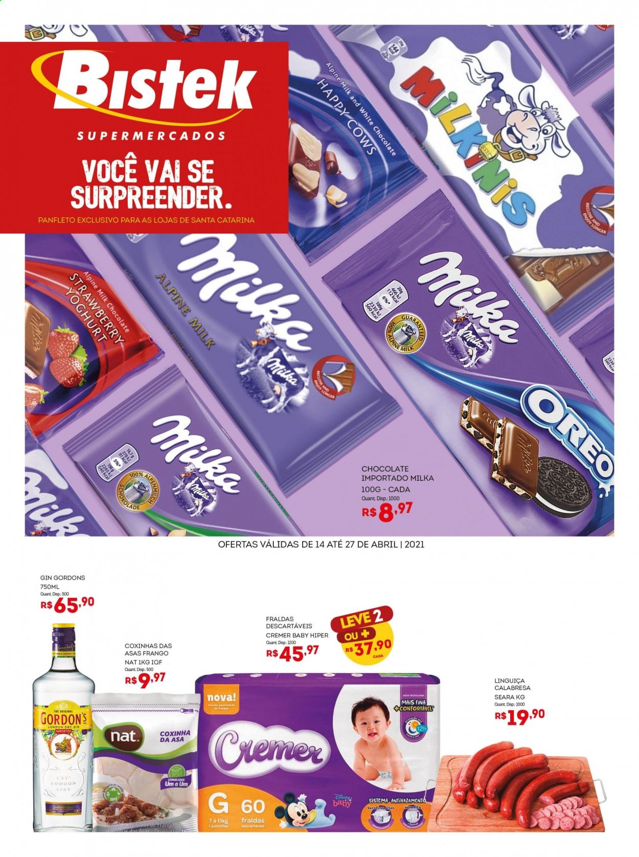 thumbnail - Folheto Bistek Supermercados - 14/04/2021 - 27/04/2021 - Produtos em promoção - asa de frango, linguiça, linguiça calabresa, Milka, Oreo, chocolate, gin, fralda descartável, fraldas. Página 1.