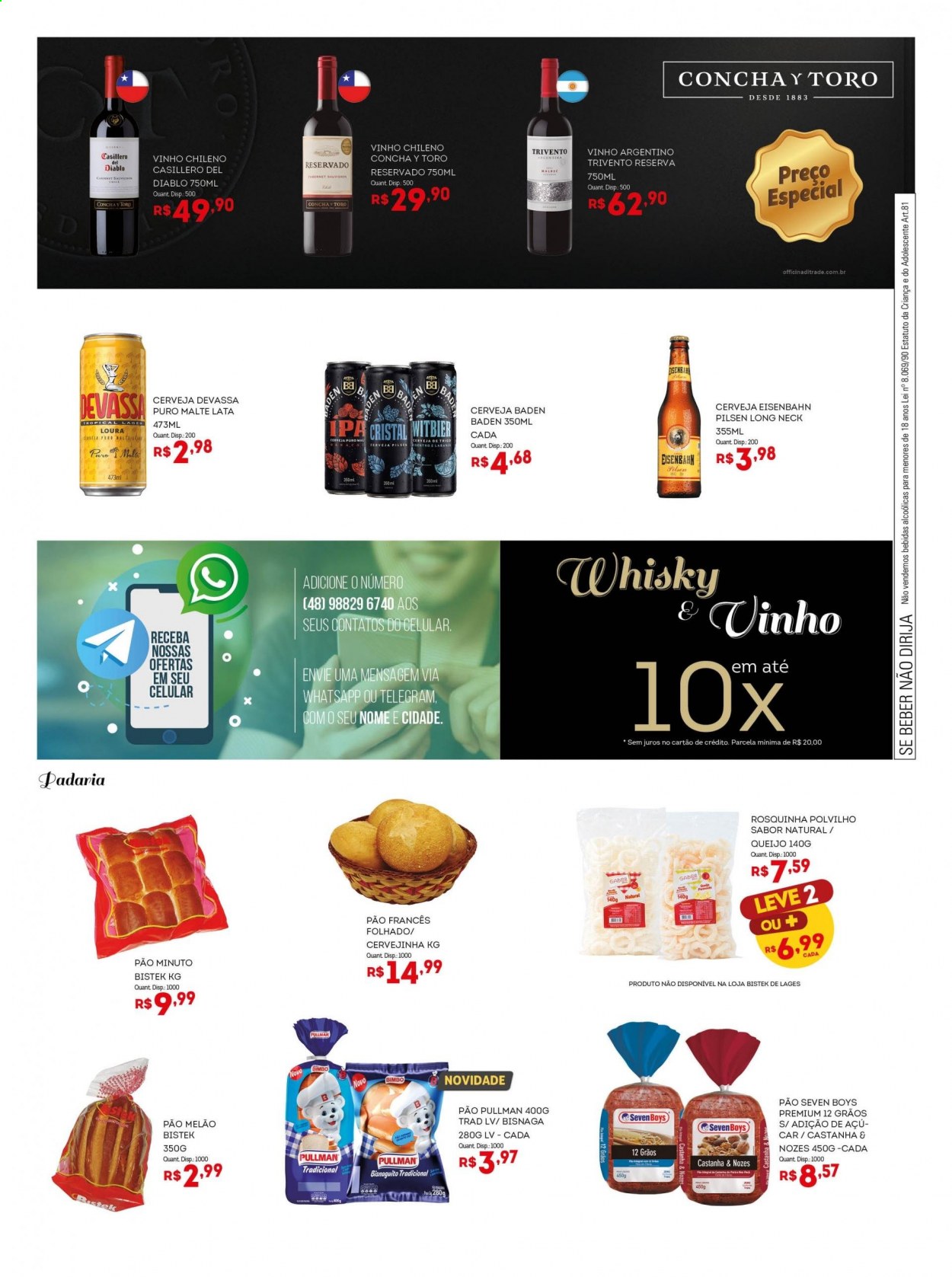 thumbnail - Folheto Bistek Supermercados - 14/04/2021 - 27/04/2021 - Produtos em promoção - Devassa, Eisenbahn, pão, nozes, vinho, vinho argentino, vinho chileno, whiskey. Página 8.