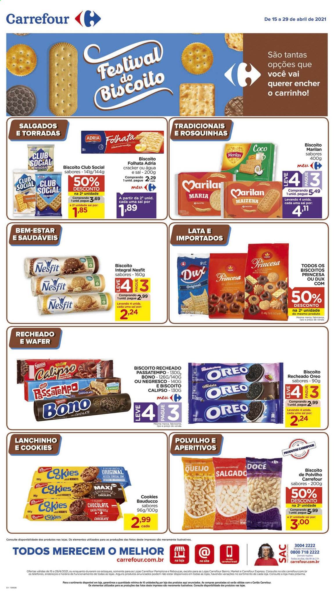 thumbnail - Folheto Carrefour Hiper - 15/04/2021 - 29/04/2021 - Produtos em promoção - queijo, Oreo, biscoito, folhata, Nestlé, biscoito recheado, biscoito de polvilho, cracker, sal, maizena. Página 3.