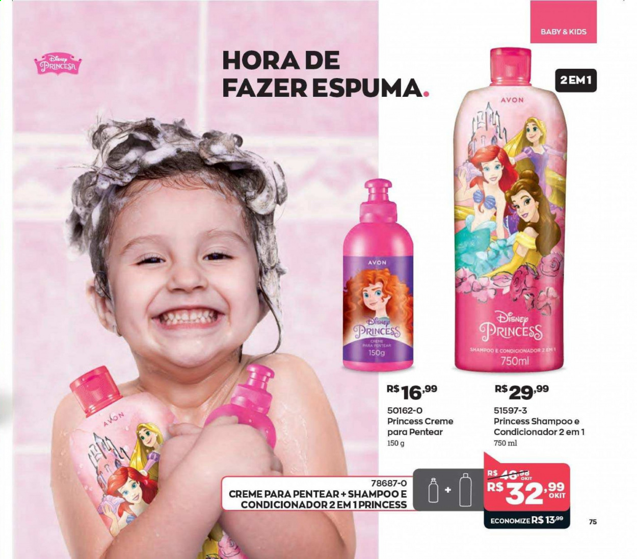 thumbnail - Folheto Avon - Produtos em promoção - Disney, shampoo, Avon, shampoo e condicionador. Página 75.