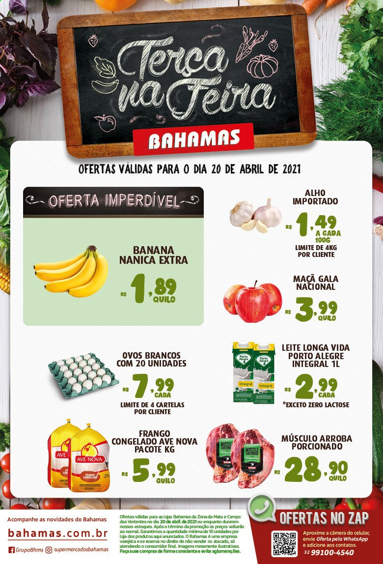 thumbnail - Folheto Bahamas Supermercados - 20/04/2021 - 20/04/2021 - Produtos em promoção - banana, maçã, alho, frango, frango congelado, leite, Longa vida, ovos, ovos brancos. Página 1.