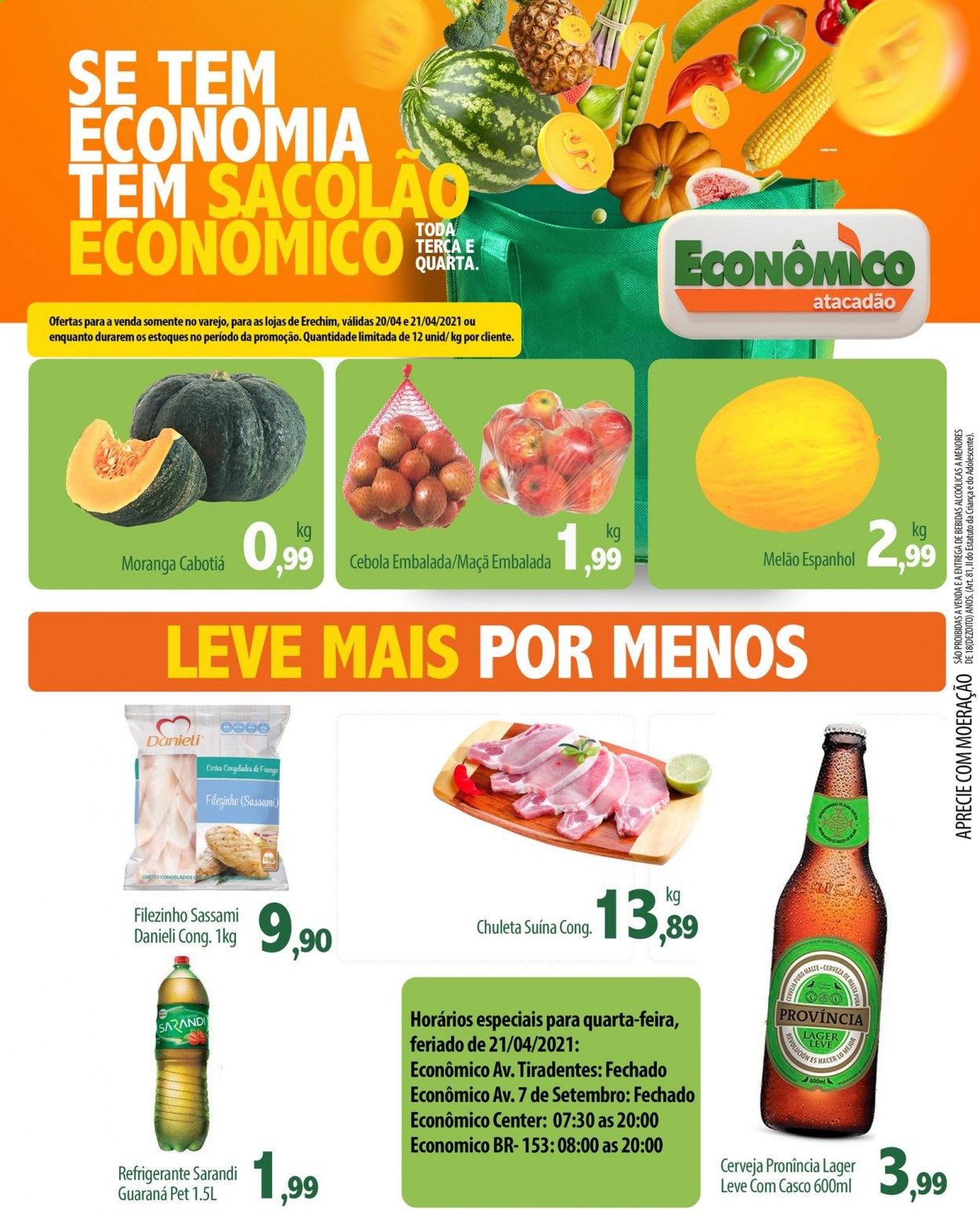 thumbnail - Folheto Econômico Atacadão - 20/04/2021 - 21/04/2021 - Produtos em promoção - maçã, melão, cebola, cabotiá, refrigerante. Página 1.