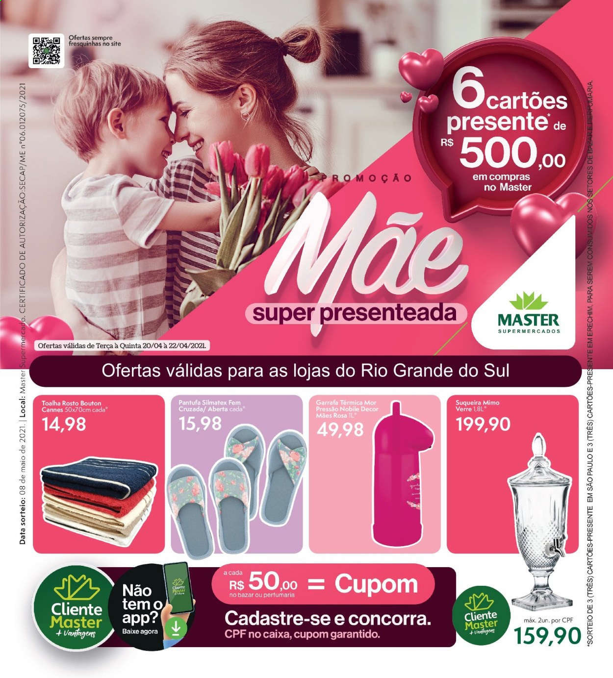 thumbnail - Folheto Master Supermercados - 20/04/2021 - 22/04/2021 - Produtos em promoção - garrafa, garrafa térmica, toalha. Página 1.