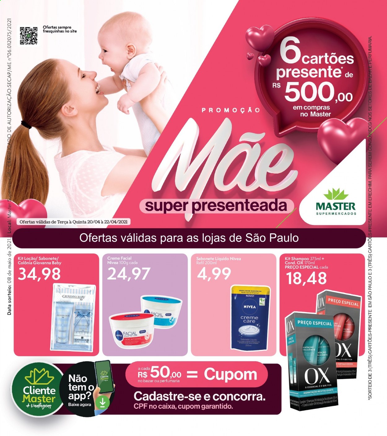 thumbnail - Folheto Master Supermercados - 20/04/2021 - 22/04/2021 - Produtos em promoção - sabonete, Nivea, shampoo, sabonete liquido, loção, creme facial. Página 1.