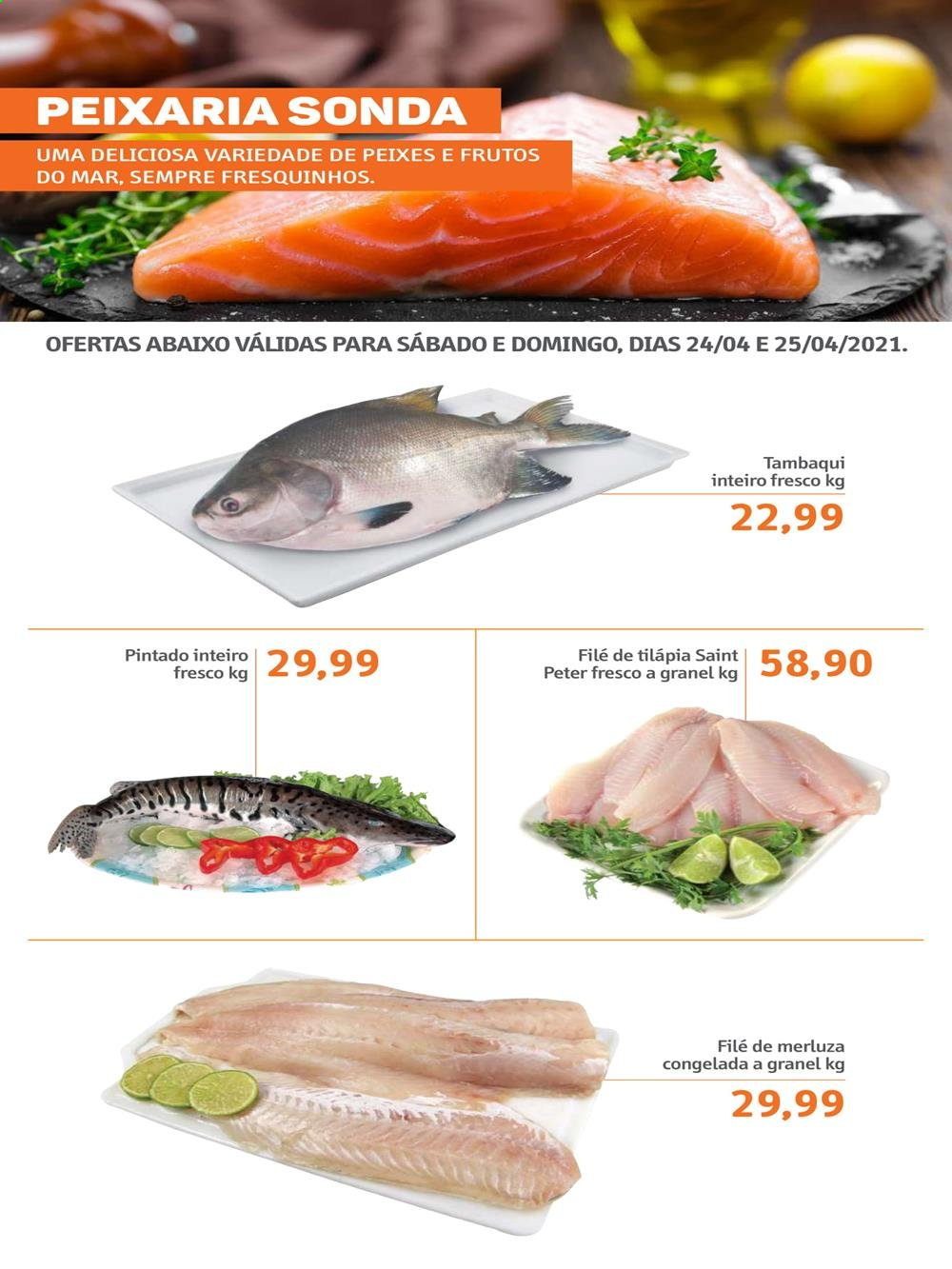 thumbnail - Folheto Sonda Supermercados - 23/04/2021 - 25/04/2021 - Produtos em promoção - tambaqui, merluza, frutos do mar, tilapia. Página 6.