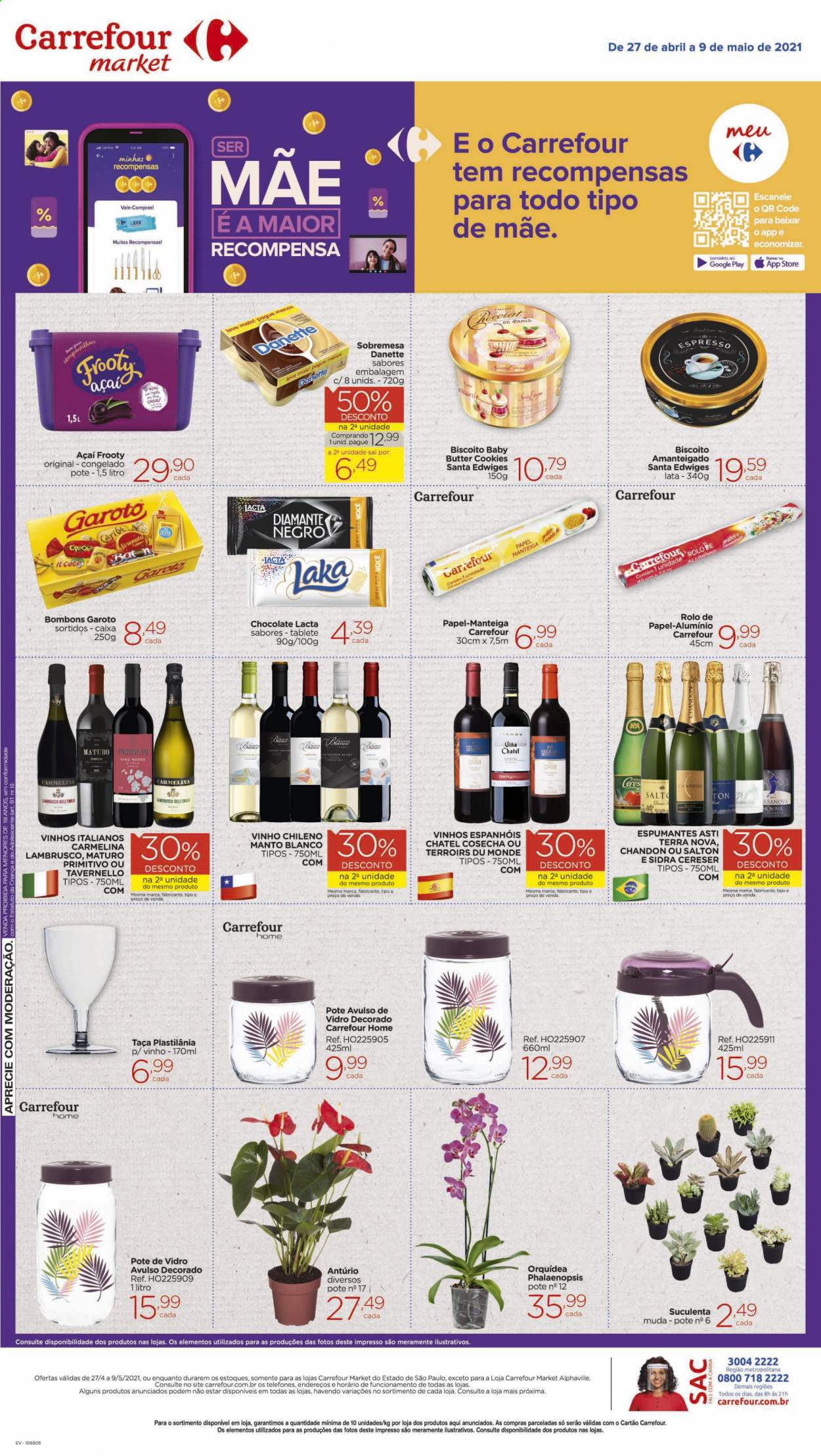 thumbnail - Folheto Carrefour Market - 27/04/2021 - 09/05/2021 - Produtos em promoção - açai, sobremesa, Danette, manteiga, chocolate, biscoito, bombom, vinho, vinho chileno, lambrusco, Salton, sidra, taça. Página 2.