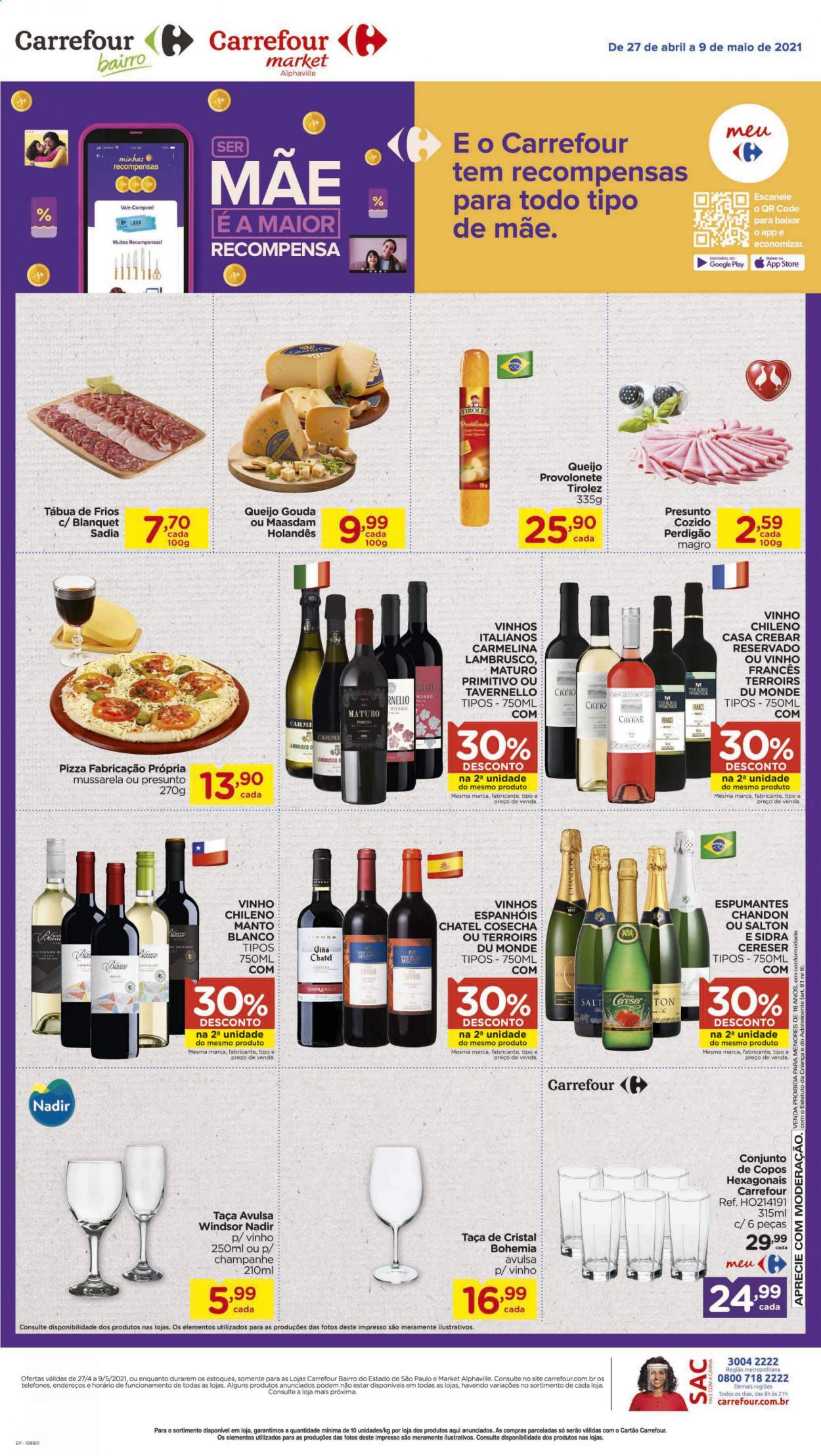 thumbnail - Folheto Carrefour - 27/04/2021 - 09/05/2021 - Produtos em promoção - Perdigão, pizza, presunto, gouda, mozzarella, maasdam, vinho, vinho chileno, lambrusco, Salton, sidra, taça. Página 2.
