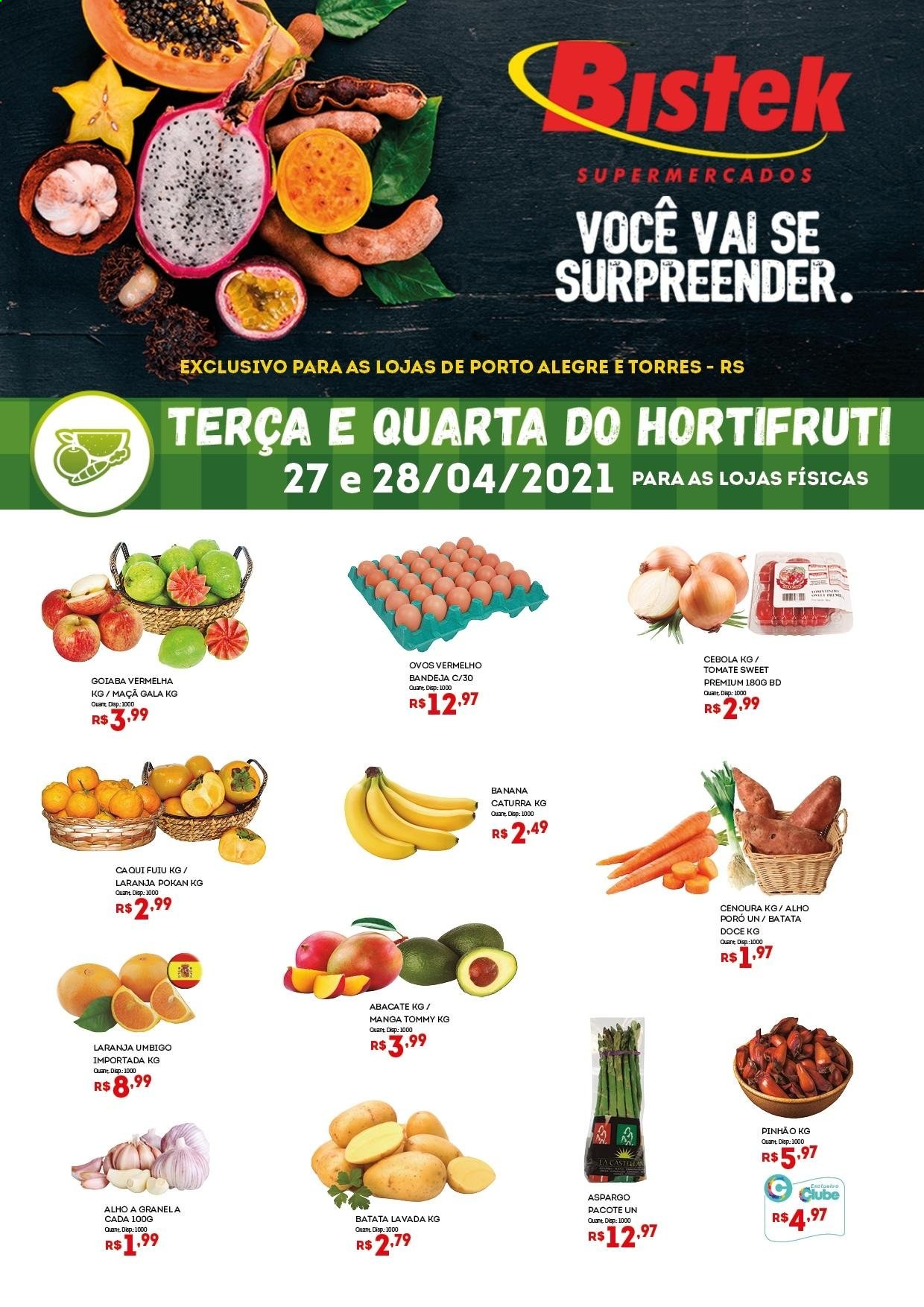 thumbnail - Folheto Bistek Supermercados - 27/04/2021 - 29/04/2021 - Produtos em promoção - banana, maçã, laranja, tomate, batata-doce, alho, alho-poró, aspargo, cebola, cenoura, ovos, bandeja. Página 1.