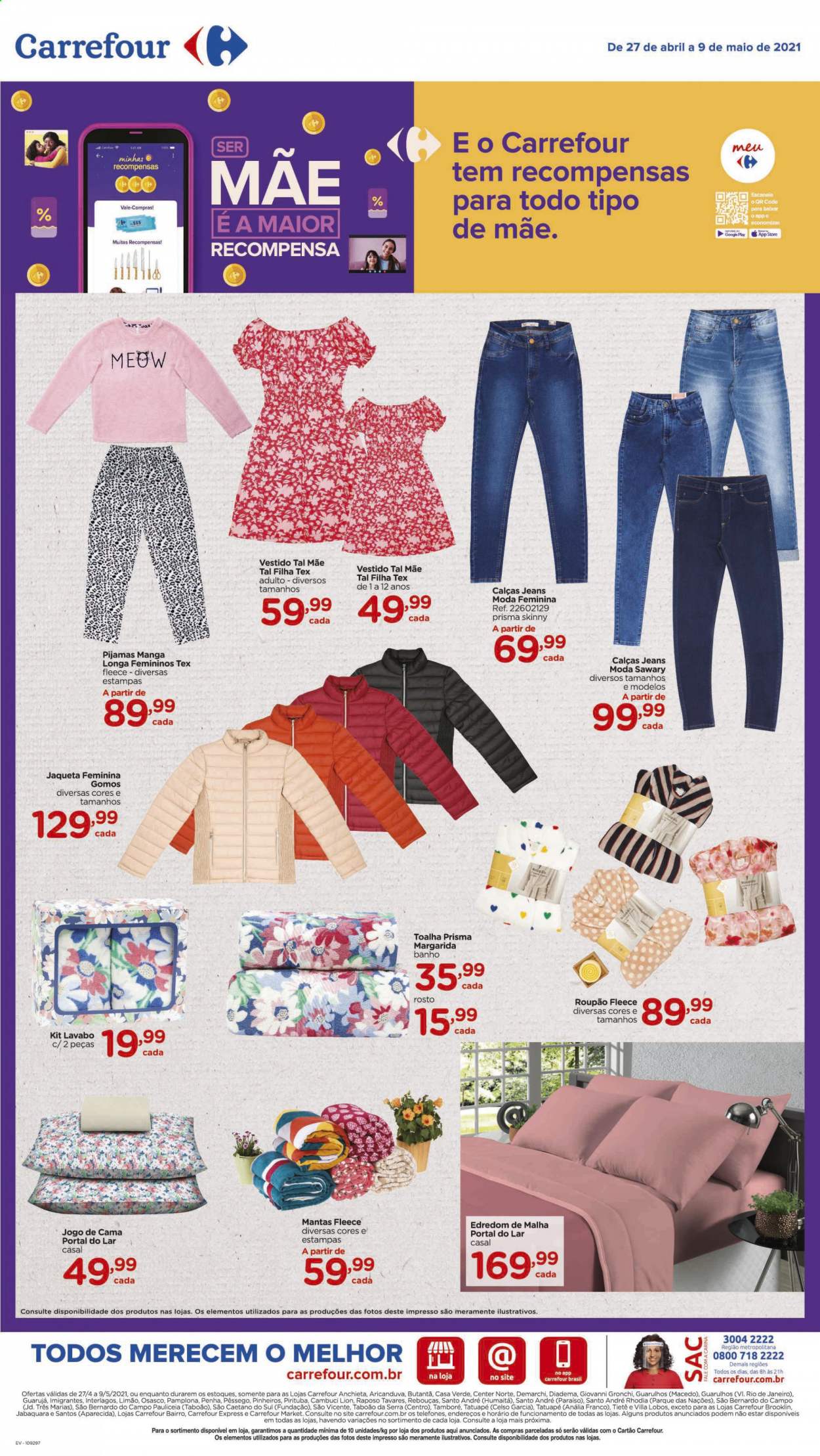 thumbnail - Folheto Carrefour Hiper - 27/04/2021 - 09/05/2021 - Produtos em promoção - pêssego, limão, jogo de cama, edredom, toalha, chaqueta, calça, jeans, vestido, roupão, pijama. Página 9.