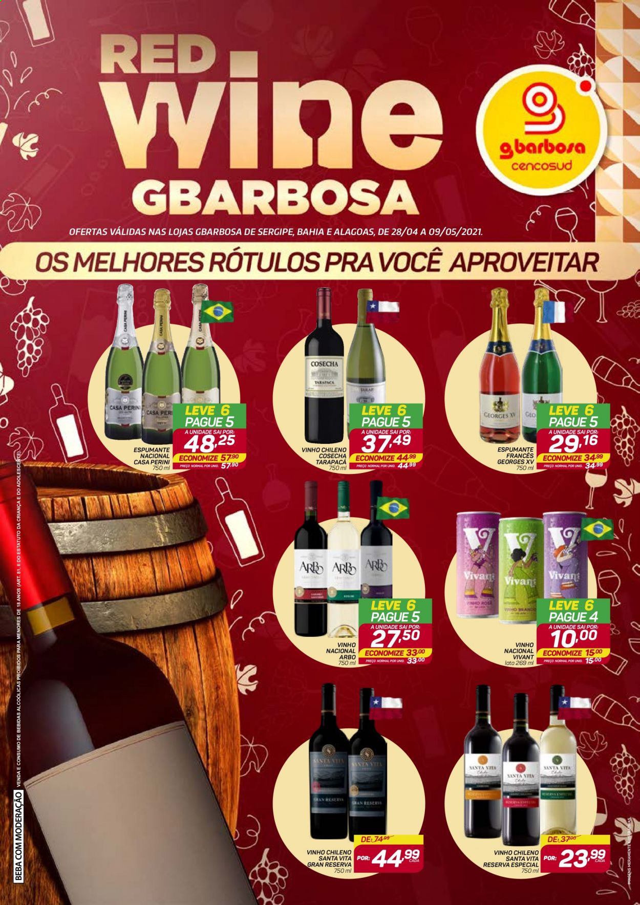 thumbnail - Folheto Gbarbosa - 28/04/2021 - 09/05/2021 - Produtos em promoção - vinho, espumante, vinho chileno. Página 1.