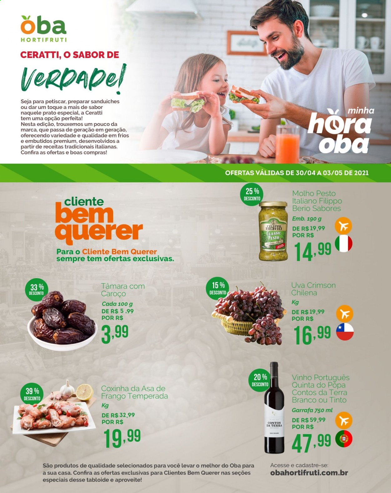 thumbnail - Folheto Oba Hortifruti - 30/04/2021 - 03/05/2021 - Produtos em promoção - uva, frango, molho, pesto, vinho, vinho português. Página 1.