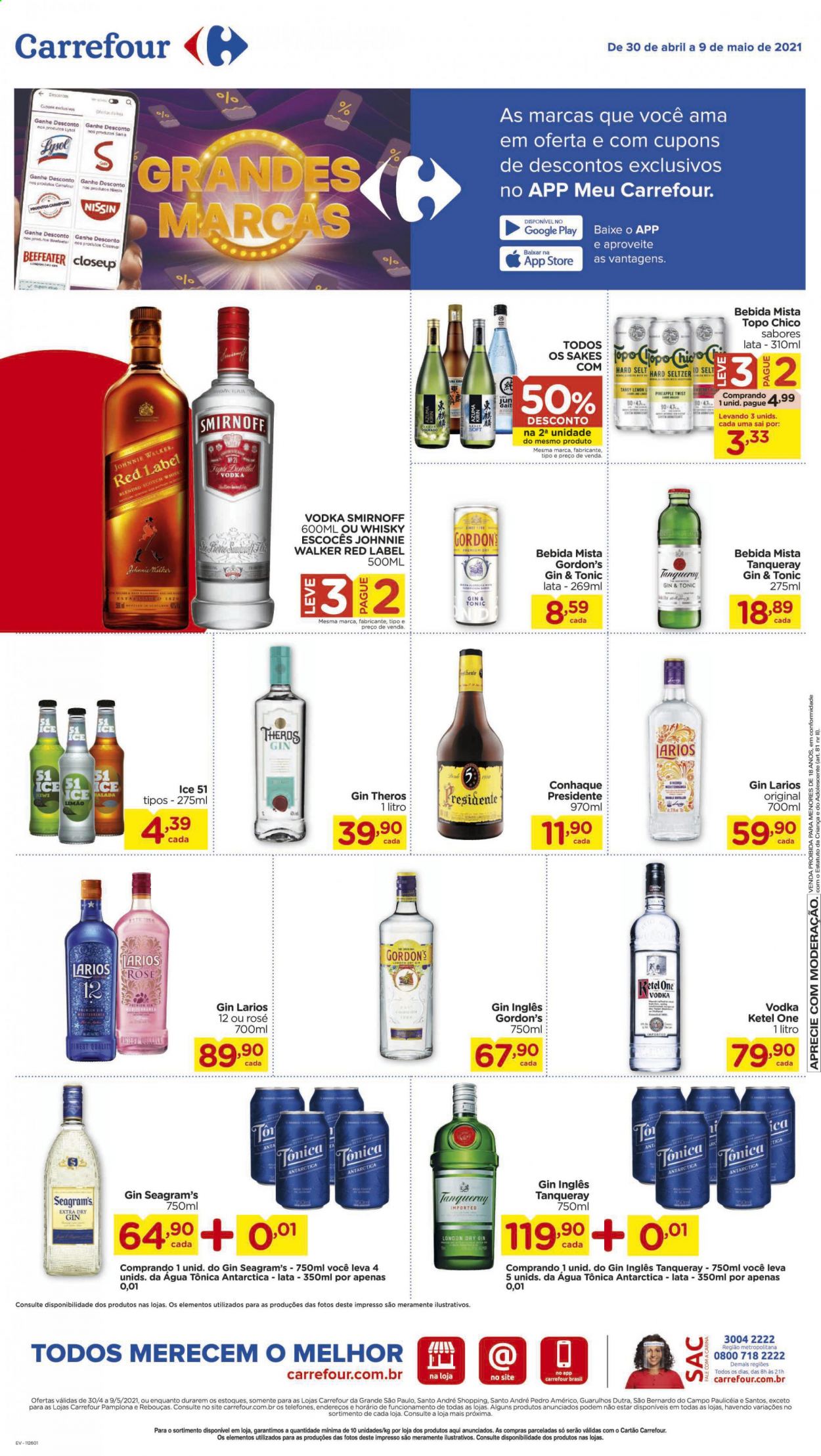 thumbnail - Folheto Carrefour Hiper - 30/04/2021 - 09/05/2021 - Produtos em promoção - Antárctica, água tónica, Beefeater, gin, vodka, whiskey, Smirnoff, Johnnie Walker. Página 10.
