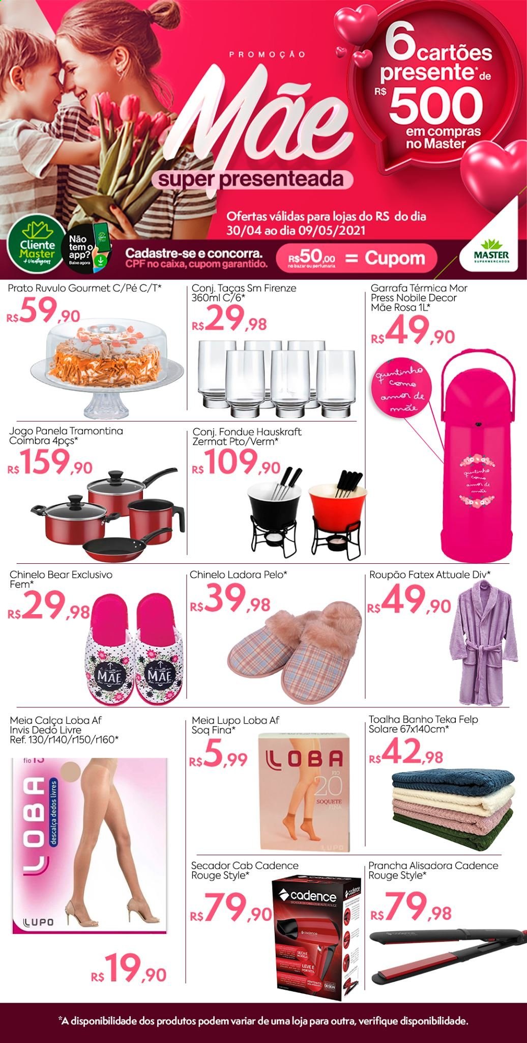 thumbnail - Folheto Master Supermercados - 30/04/2021 - 09/05/2021 - Produtos em promoção - Tramontina, garrafa, garrafa térmica, panela, taça, prato, toalha. Página 1.
