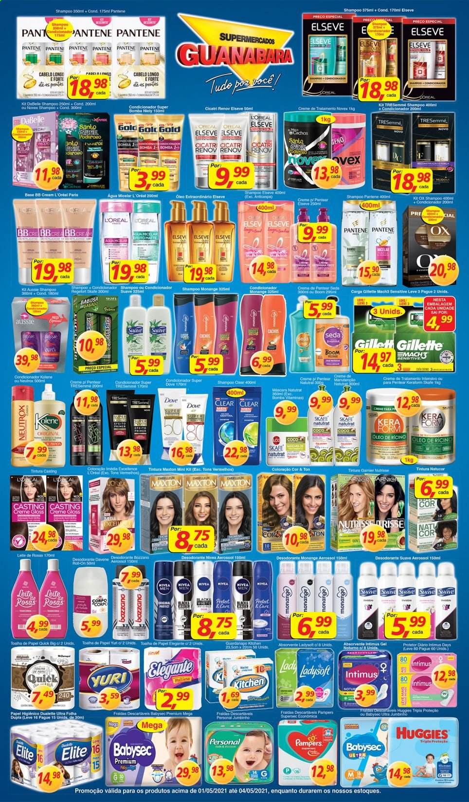 thumbnail - Folheto Supermercados Guanabara - 01/05/2021 - 04/05/2021 - Produtos em promoção - fralda descartável, Huggies, Pampers, fraldas, Nivea, papel higiénico, guardanapo, papel toalha, shampoo, Dove, L’Oréal, Intimus, pensos higiénicos, água micelar, tintura, creme de pentear, condicionador, Pantene, Elseve, máscara, BB cream, desodorante, antitranspirante, Gillette, carga para aparelho de barbear, mach3. Página 9.