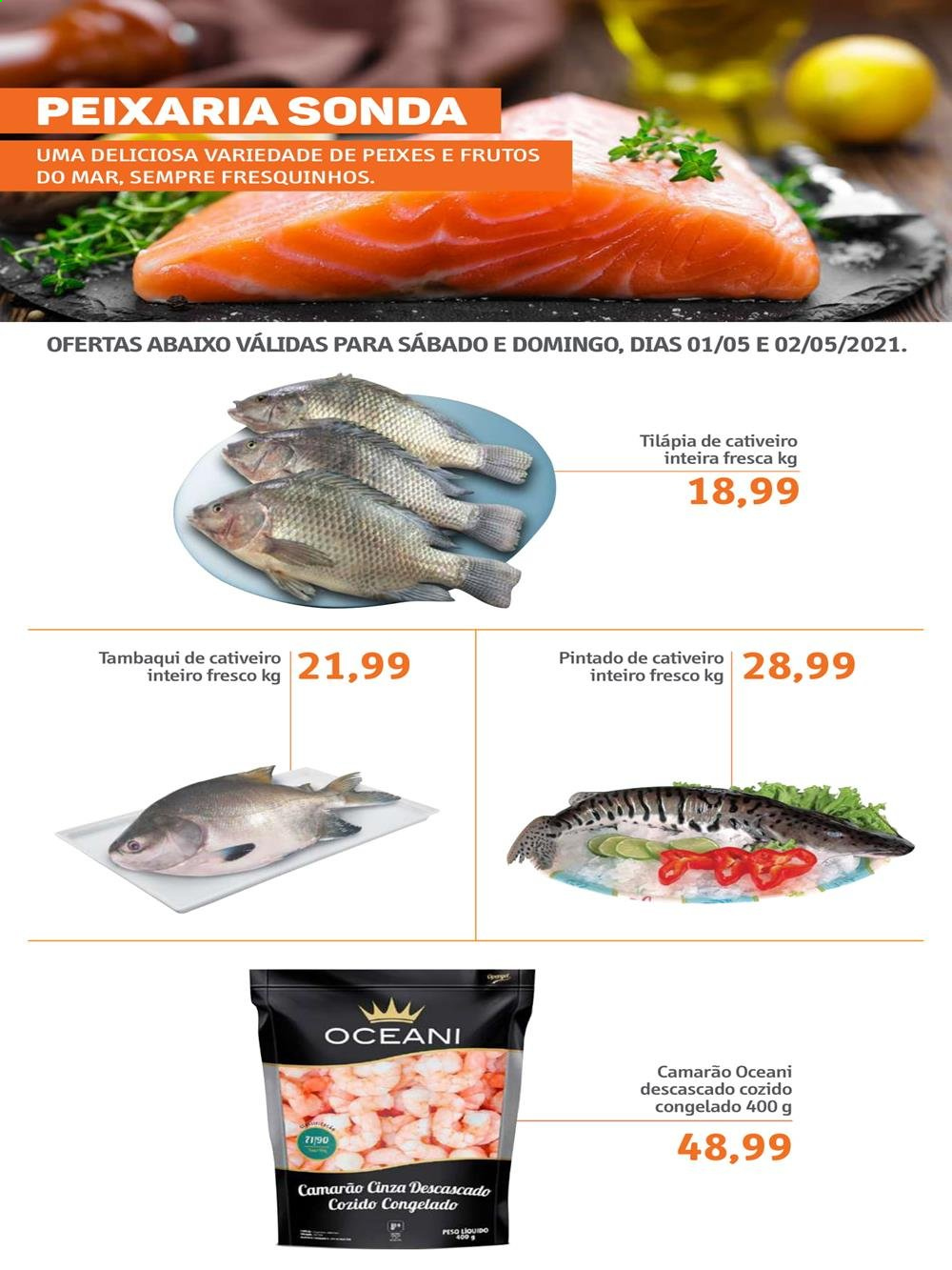 thumbnail - Folheto Sonda Supermercados - 30/04/2021 - 02/05/2021 - Produtos em promoção - tambaqui, camarão, frutos do mar, tilapia. Página 6.