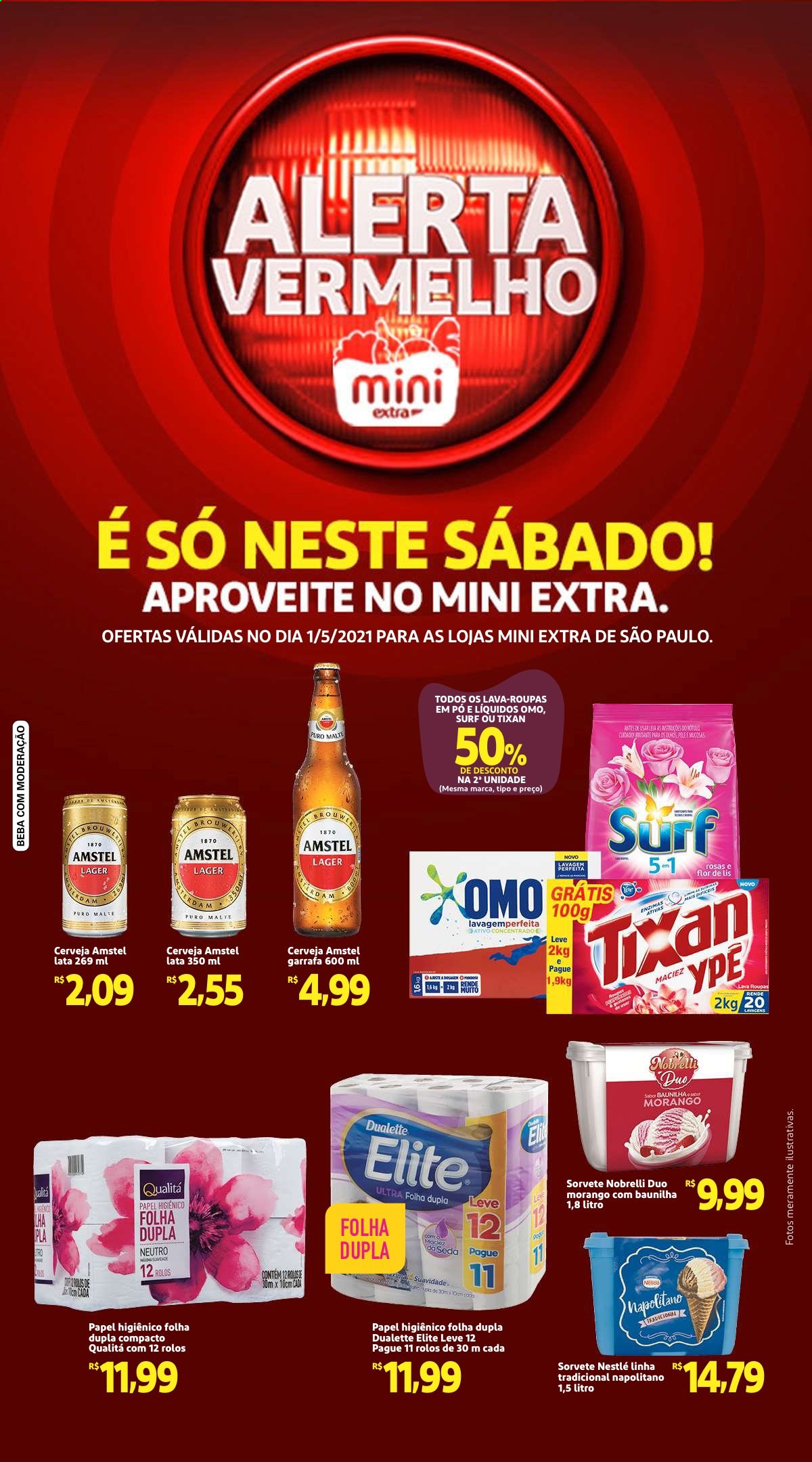 thumbnail - Folheto Mini Extra - 01/05/2021 - 01/05/2021 - Produtos em promoção - Amstel, sorvete, Nestlé, papel higiénico, Ypê, lava roupas, OMO, garrafa. Página 1.