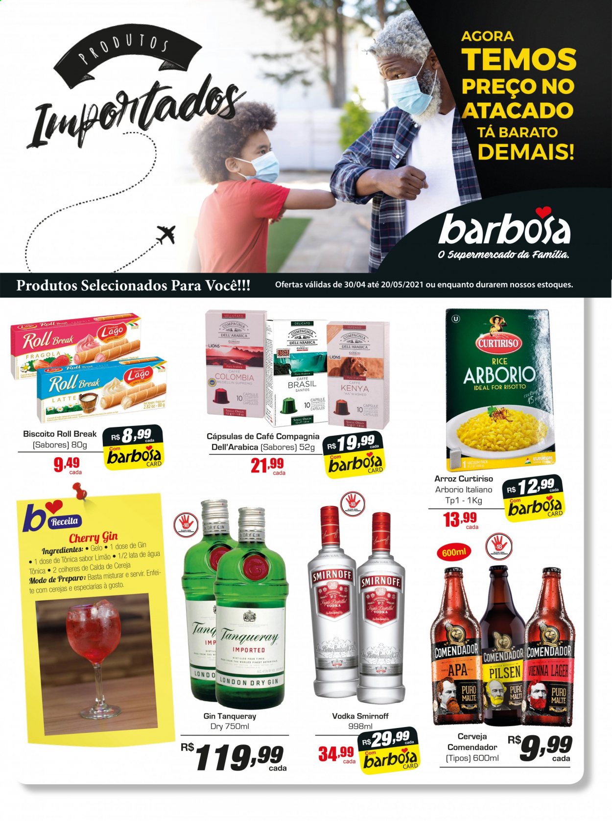 thumbnail - Folheto Barbosa Supermercados - 30/04/2021 - 20/05/2021 - Produtos em promoção - limão, biscoito, arroz, Tang, água tónica, cápsulas de café, gin, vodka, Smirnoff. Página 1.