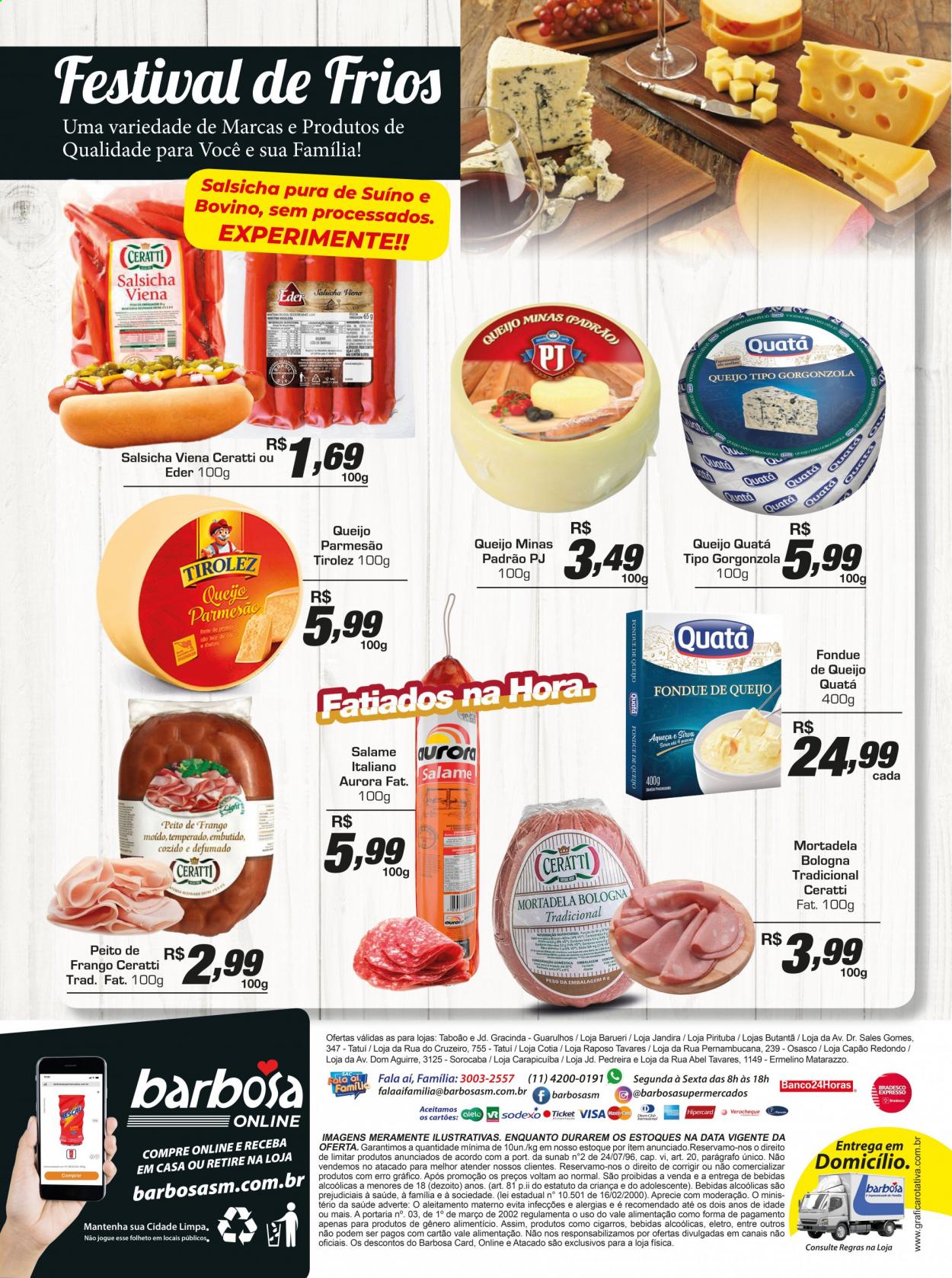 thumbnail - Folheto Barbosa Supermercados - 30/04/2021 - 20/05/2021 - Produtos em promoção - peito de frango, salame, mortadela, salsicha, gorgonzola, queijo minas, parmesão, Aurora, chá. Página 4.