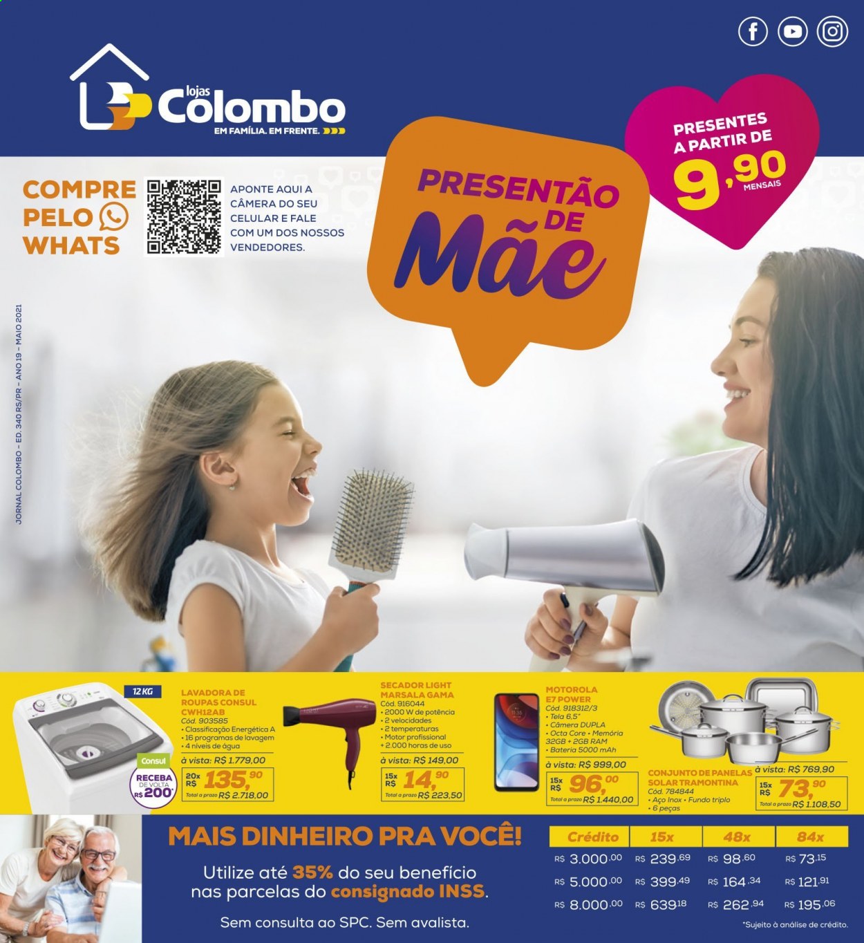 thumbnail - Folheto Lojas Colombo - 01/05/2021 - 31/05/2021 - Produtos em promoção - Tramontina, bateria, Motorola, máquina de lavar roupa, secador de cabelos. Página 1.