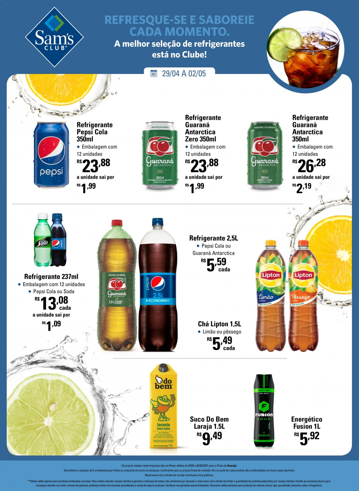 thumbnail - Folheto Sam's Club - 29/04/2021 - 02/05/2021 - Produtos em promoção - Antárctica, pêssego, limão, suco, Guaraná Antarctica, Pepsi, refrigerante, soda, Lipton, chá. Página 1.