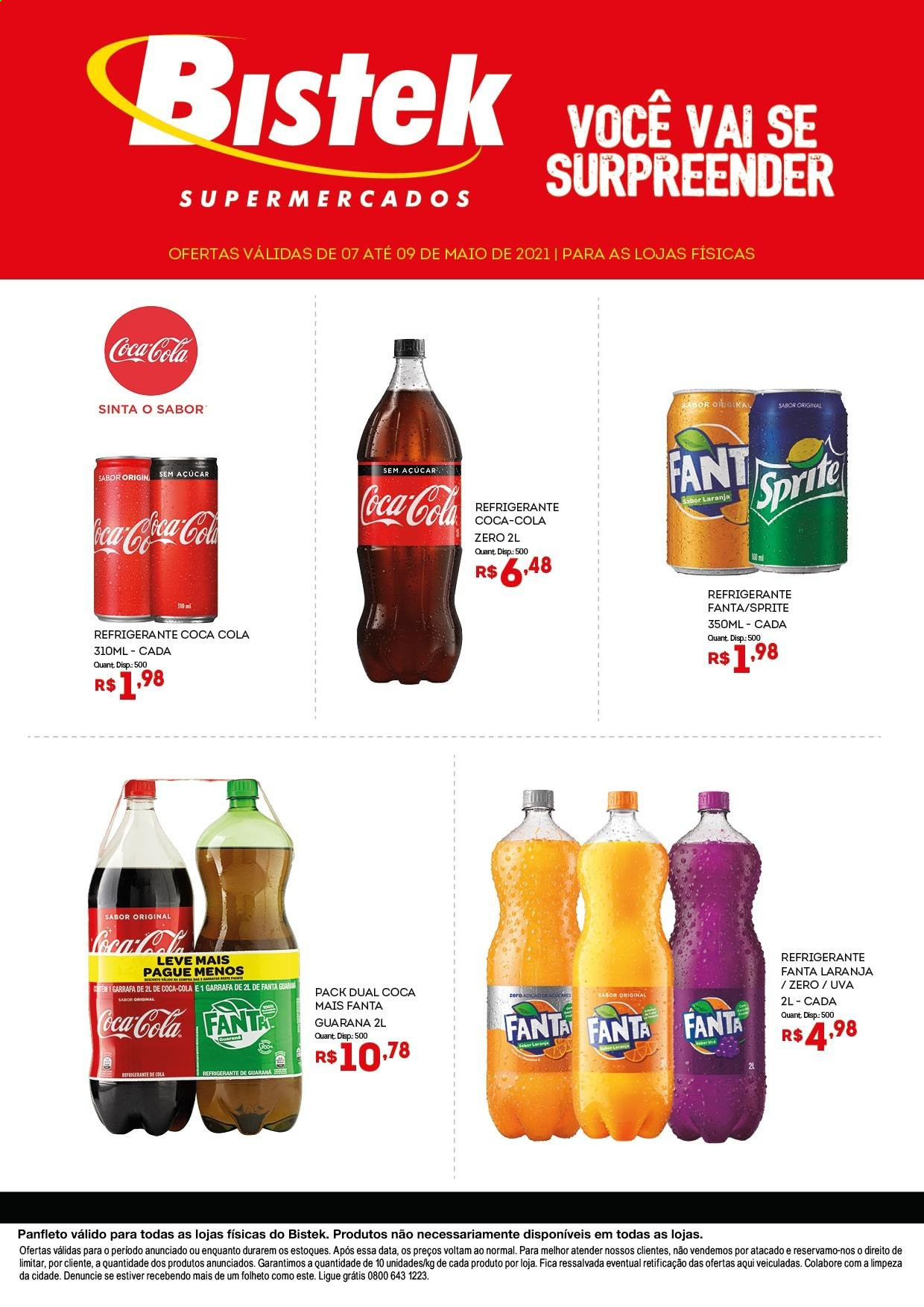thumbnail - Folheto Bistek Supermercados - 02/05/2021 - 07/05/2021 - Produtos em promoção - uva, Coca Cola, Fanta, refrigerante, Sprite, garrafa. Página 1.