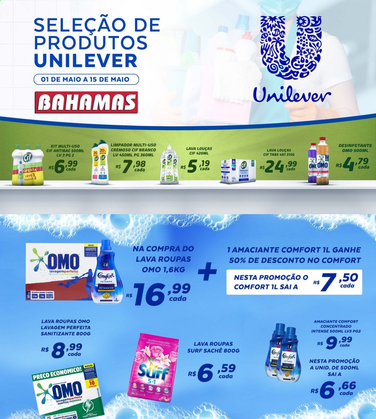 thumbnail - Folheto Bahamas Supermercados - 01/05/2021 - 15/05/2021 - Produtos em promoção - limpador, desinfetante, Cif, amaciante, lava roupas, OMO. Página 1.