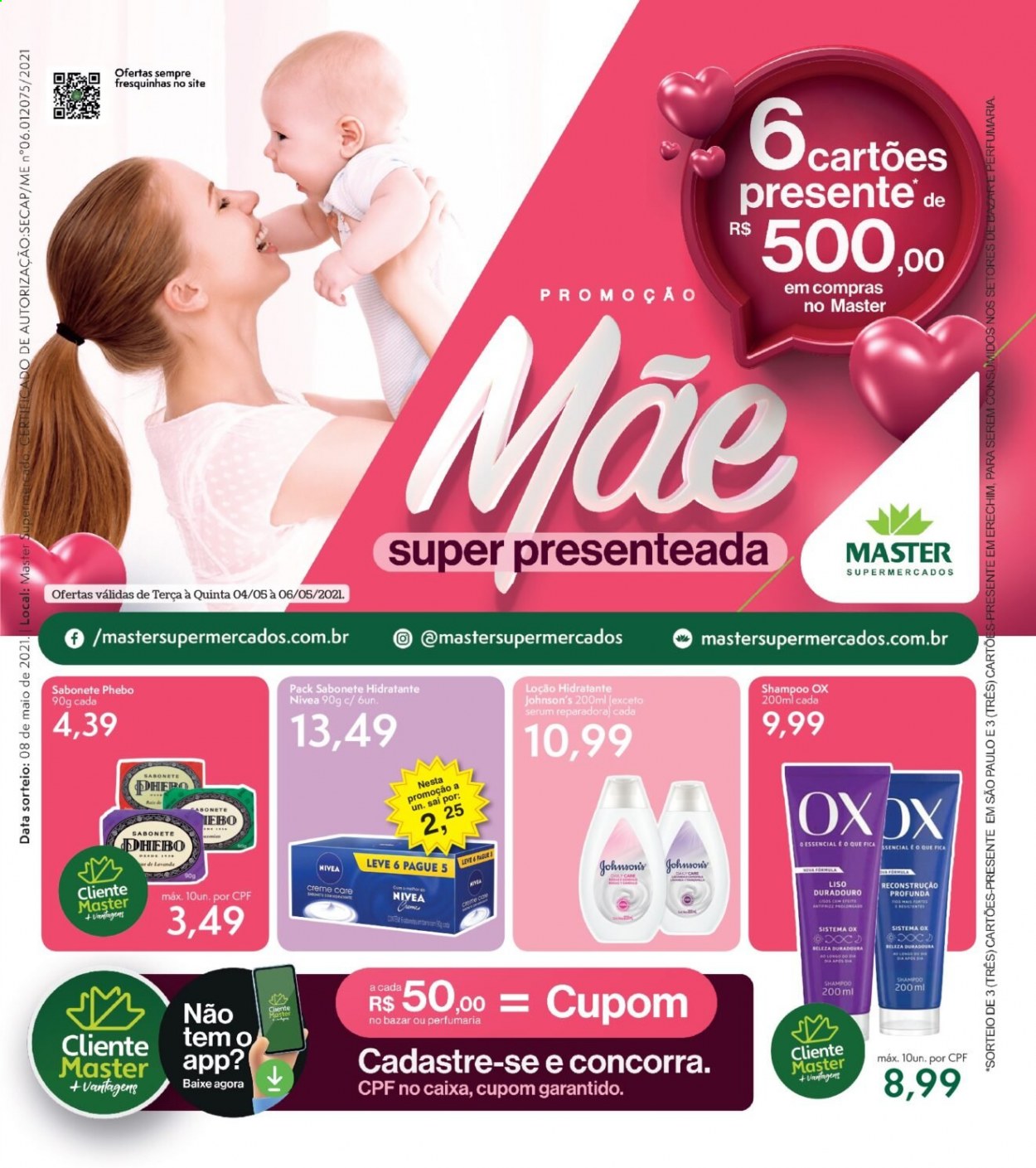 thumbnail - Folheto Master Supermercados - 04/05/2021 - 06/05/2021 - Produtos em promoção - sabonete, Johnson & Johnson, Nivea, shampoo, loção, sérum, loção hidratante. Página 1.