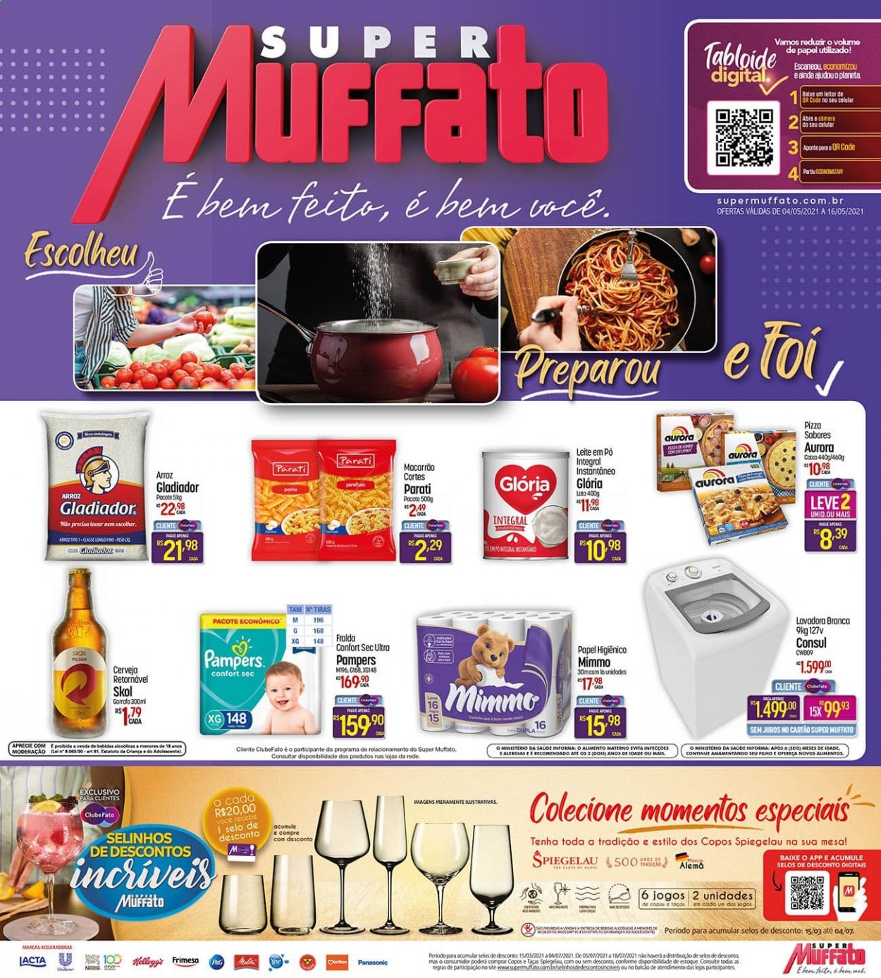 thumbnail - Folheto Super Muffato - 04/05/2021 - 16/05/2021 - Produtos em promoção - Skol, Panasonic, pizza, penne, Aurora, leite em pó, arroz, macarrão, Pampers. Página 1.