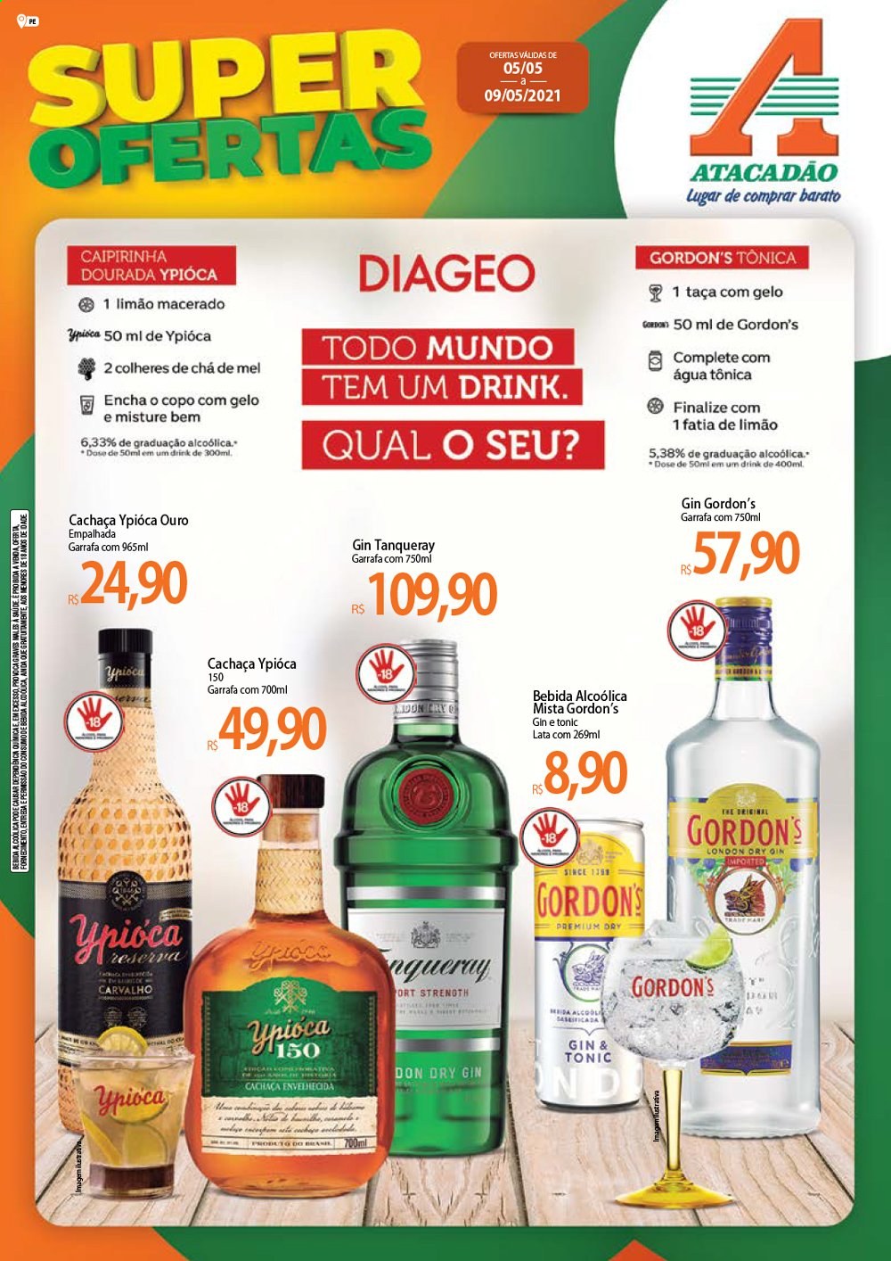 thumbnail - Folheto Atacadão - 05/05/2021 - 09/05/2021 - Produtos em promoção - água tónica, gin, Cachaça, copo, garrafa, taça. Página 1.
