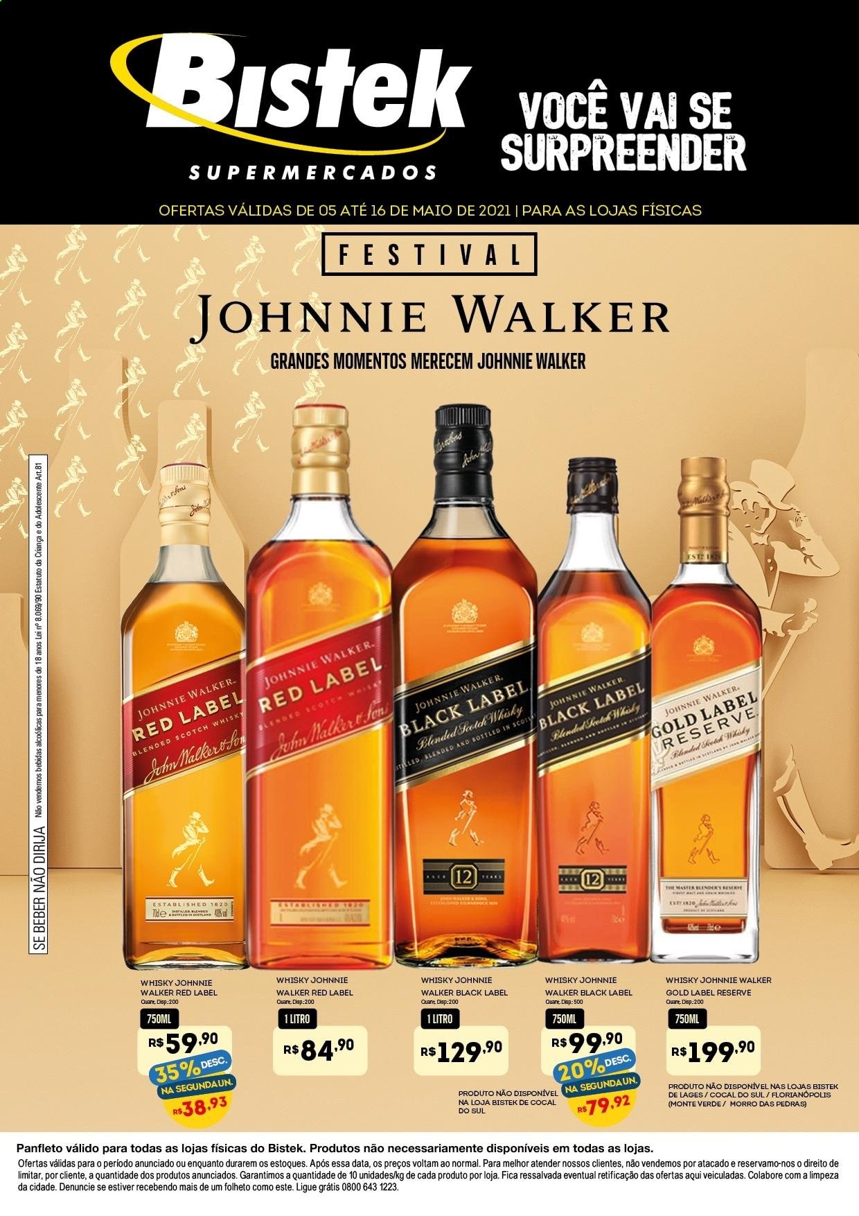 thumbnail - Folheto Bistek Supermercados - 05/05/2021 - 16/05/2021 - Produtos em promoção - whiskey, scotch whisky, Johnnie Walker. Página 1.