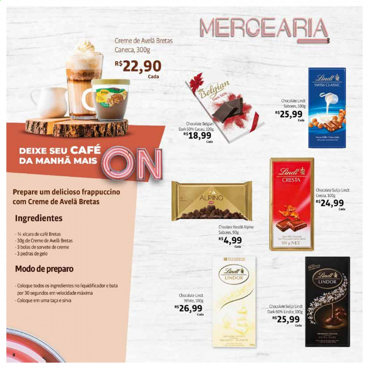 thumbnail - Folheto Bretas - 01/05/2021 - 31/05/2021 - Produtos em promoção - chocolate, Nestlé, Lindor, cacau, crema de avelã, taça, caneca, liquidificador. Página 8.