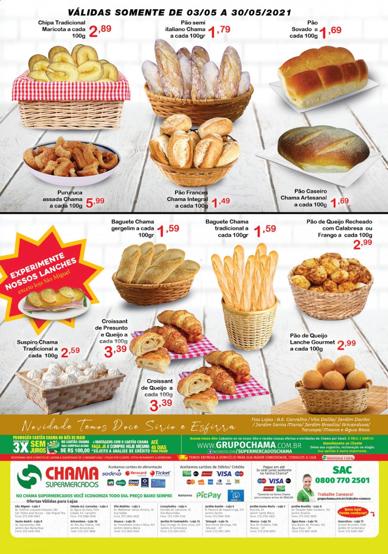 thumbnail - Folheto Chama Supermercados - 03/05/2021 - 30/05/2021 - Produtos em promoção - pão de queijo, pão, baguete, croissant, cordeiro, presunto, faca. Página 2.