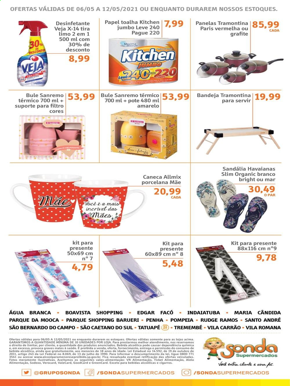 thumbnail - Folheto Sonda Supermercados - 06/05/2021 - 12/05/2021 - Produtos em promoção - papel toalha, desinfetante, Tramontina, bandeja, caneca. Página 10.