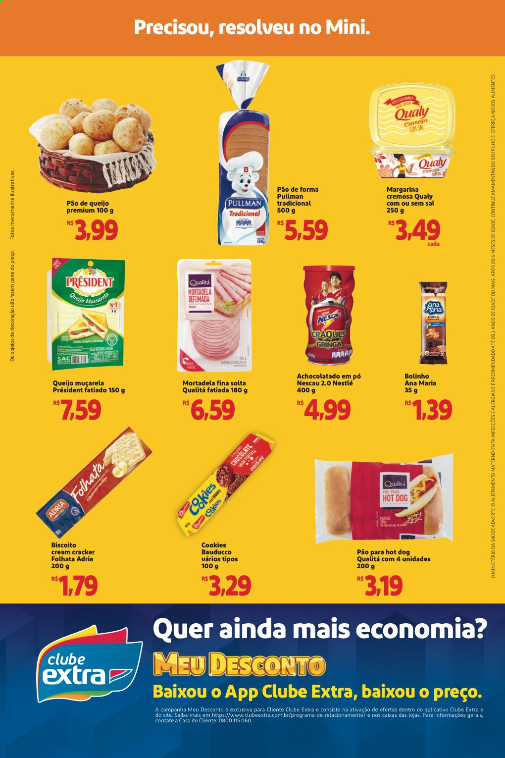 thumbnail - Folheto Mini Extra - 07/05/2021 - 13/05/2021 - Produtos em promoção - pão de queijo, pão, pão de forma, mortadela, mozzarella, achocolatado, margarina, biscoito, folhata, Nestlé, cracker, Nescau. Página 2.