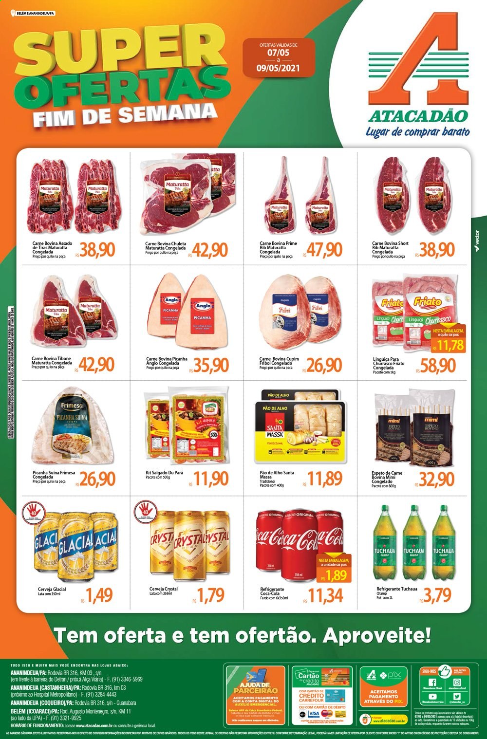thumbnail - Folheto Atacadão - 07/05/2021 - 09/05/2021 - Produtos em promoção - Friboi, picanha, carne, pão, pão de alho, carne bovina, linguiça, Coca Cola, refrigerante. Página 1.