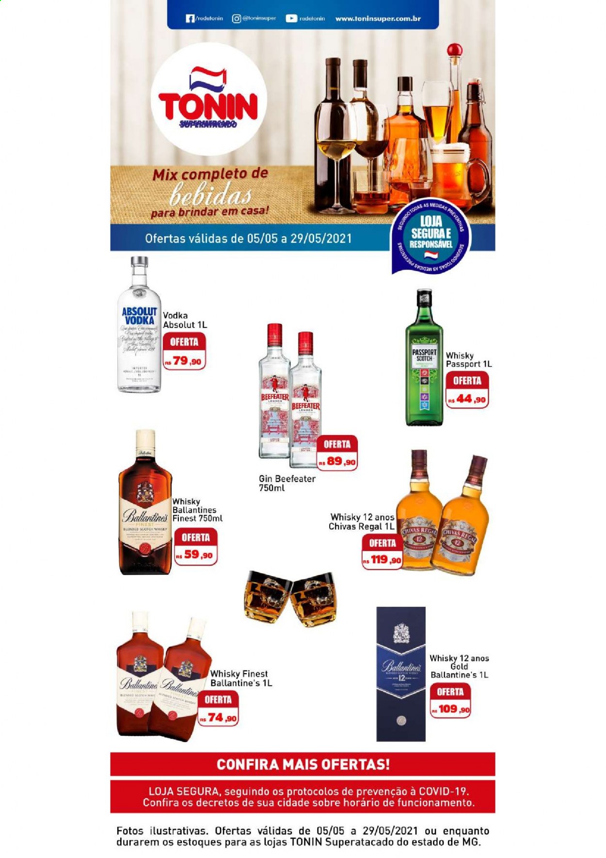 thumbnail - Folheto Tonin - 05/05/2021 - 29/05/2021 - Produtos em promoção - Absolut Vodka, Beefeater, gin, vodka, whiskey, scotch whisky. Página 1.
