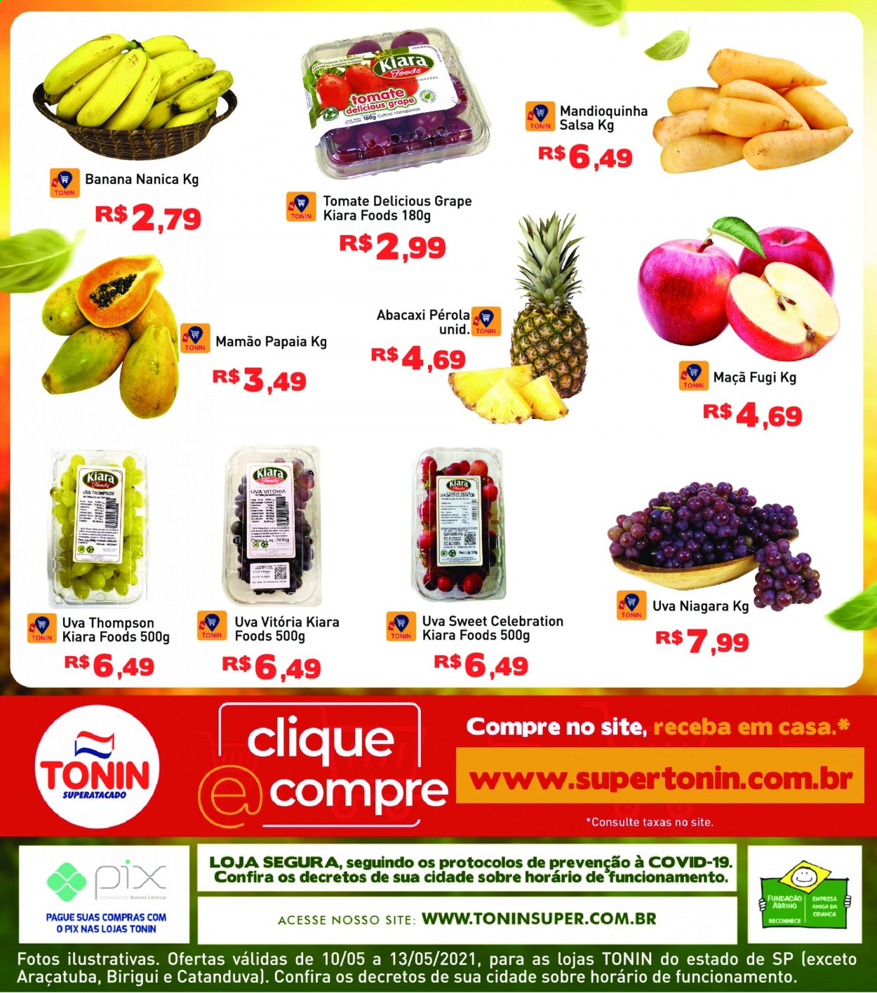 thumbnail - Folheto Tonin - 10/05/2021 - 13/05/2021 - Produtos em promoção - banana, maçã, abacaxi, papaia, uva, mamão, tomate, mandioquinha. Página 2.