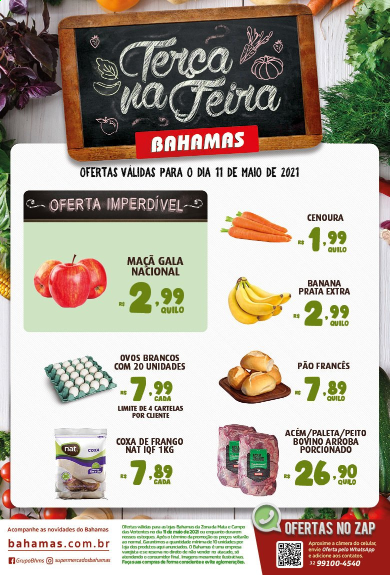 thumbnail - Folheto Bahamas Supermercados - 11/05/2021 - 11/05/2021 - Produtos em promoção - banana, maçã, cenoura, pão, coxas de frango, perna de frango, ovos. Página 1.