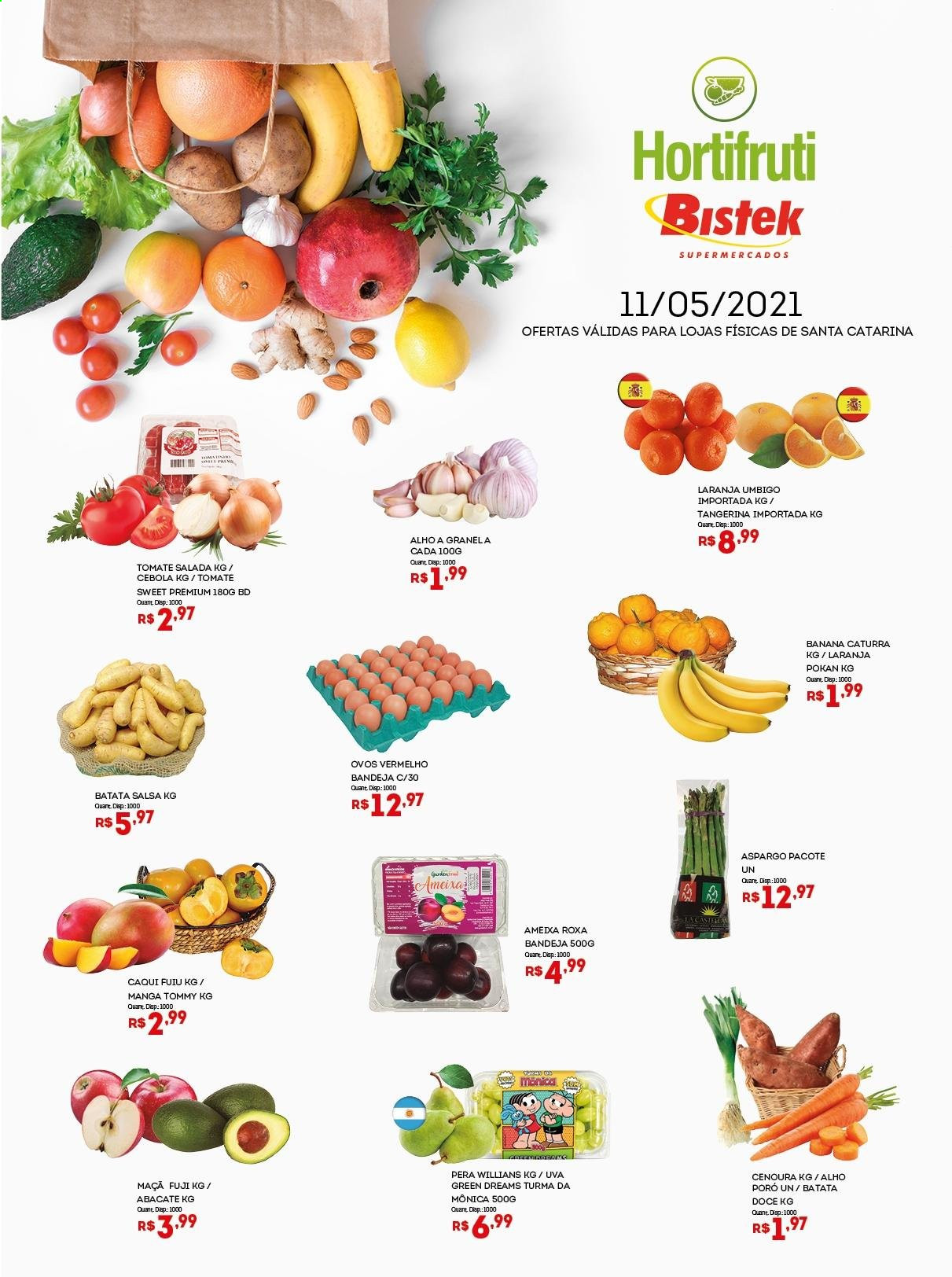 thumbnail - Folheto Bistek Supermercados - 11/05/2021 - 11/05/2021 - Produtos em promoção - banana, maçã, pera, laranja, uva, abacate, tomate, batata, salada, alho, aspargo, cebola, cenoura, ovos, bandeja. Página 1.
