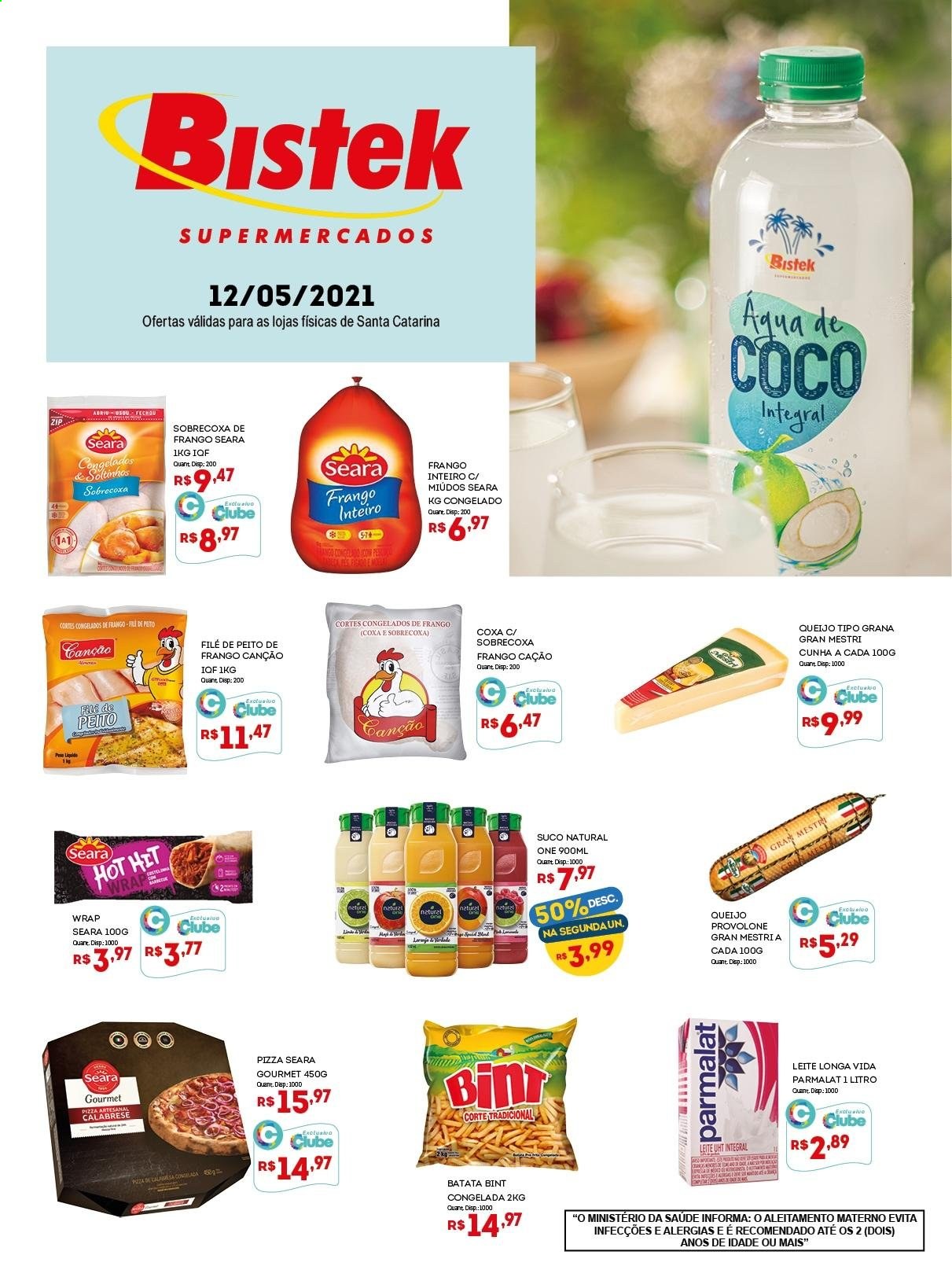 thumbnail - Folheto Bistek Supermercados - 12/05/2021 - 12/05/2021 - Produtos em promoção - batata, sobrecoxa, peito de frango, frango inteiro, pizza, queijo, provolone, leite, Longa vida, suco. Página 1.