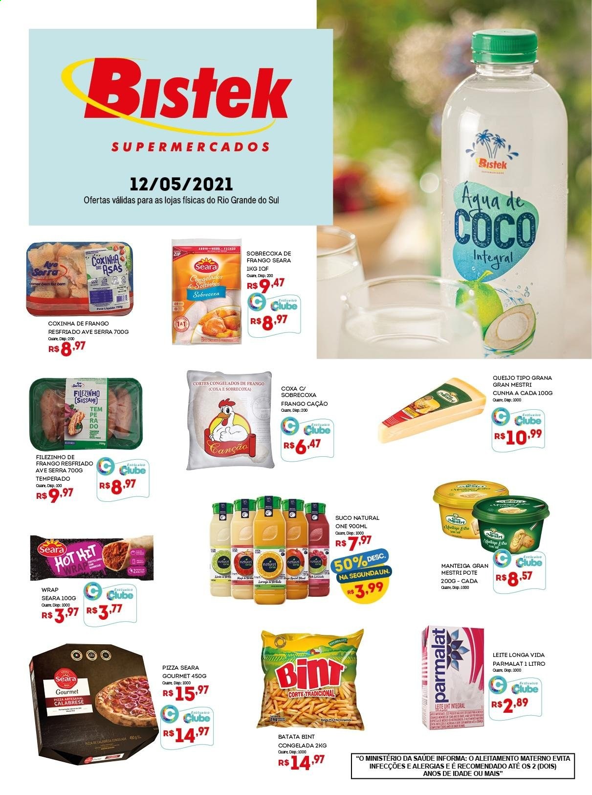 thumbnail - Folheto Bistek Supermercados - 12/05/2021 - 12/05/2021 - Produtos em promoção - batata, sobrecoxa, filé de frango, perna de frango, pizza, queijo, leite, Longa vida, manteiga, suco. Página 1.
