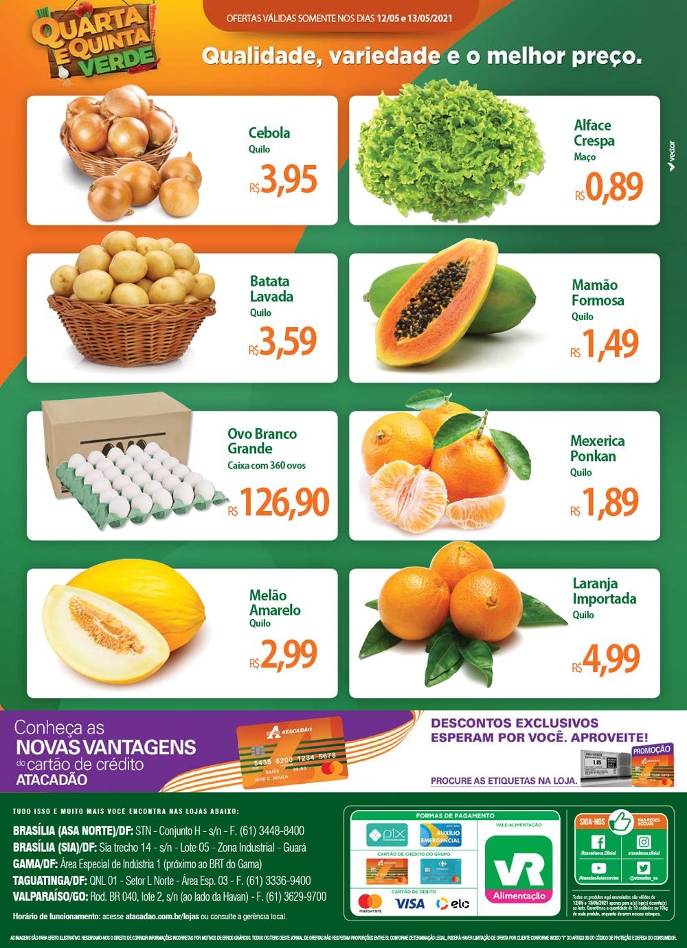 thumbnail - Folheto Atacadão - 12/05/2021 - 13/05/2021 - Produtos em promoção - laranja, mexerica, melão, mamão, batata, alface, cebola, ovos. Página 2.